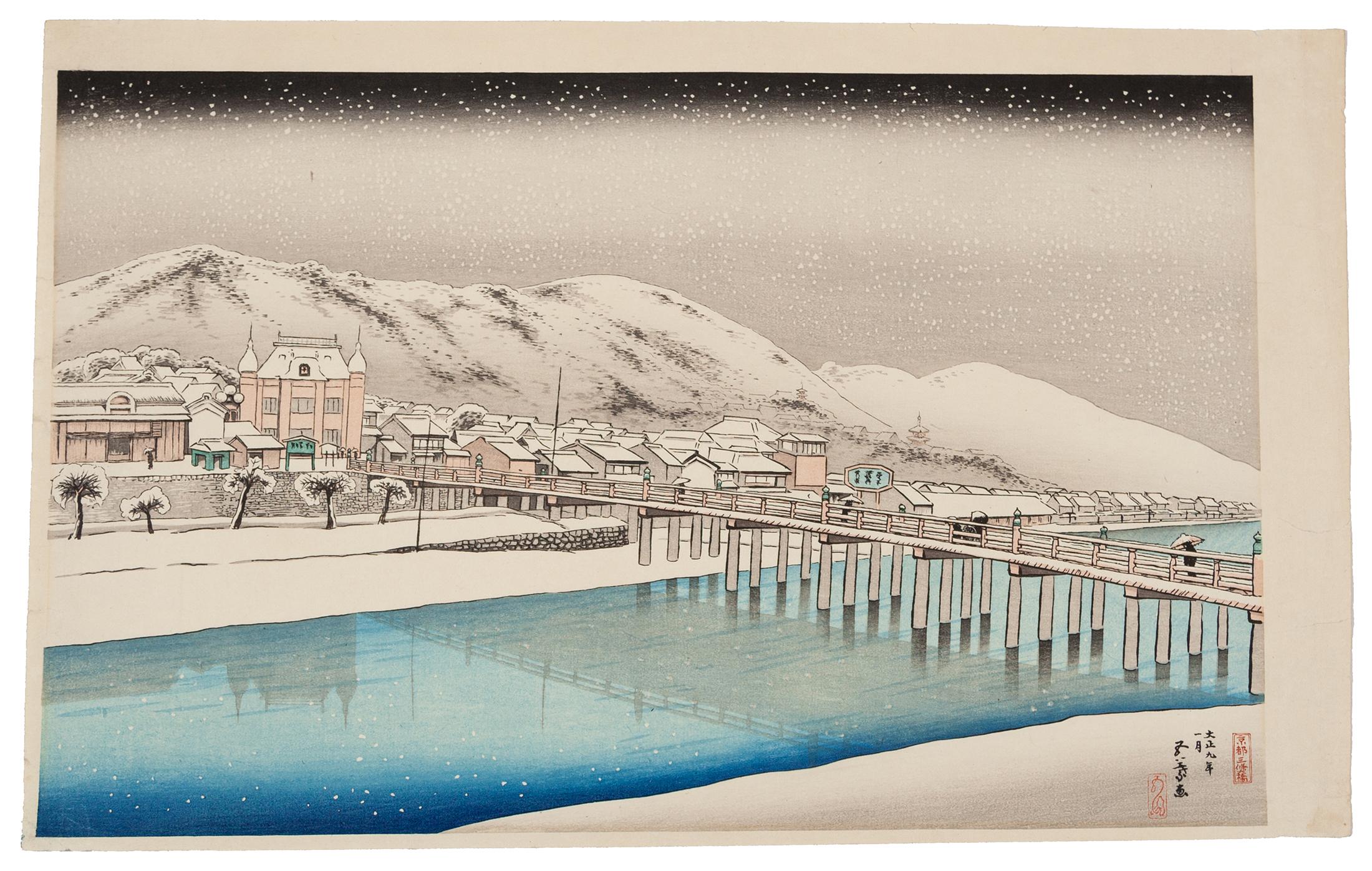 Hashiguchi Goyo Landscape Print - Goyo Hashiguchi, Shin Hanga Snow Scene, Kyoto, Original Japanese Woodblock Print