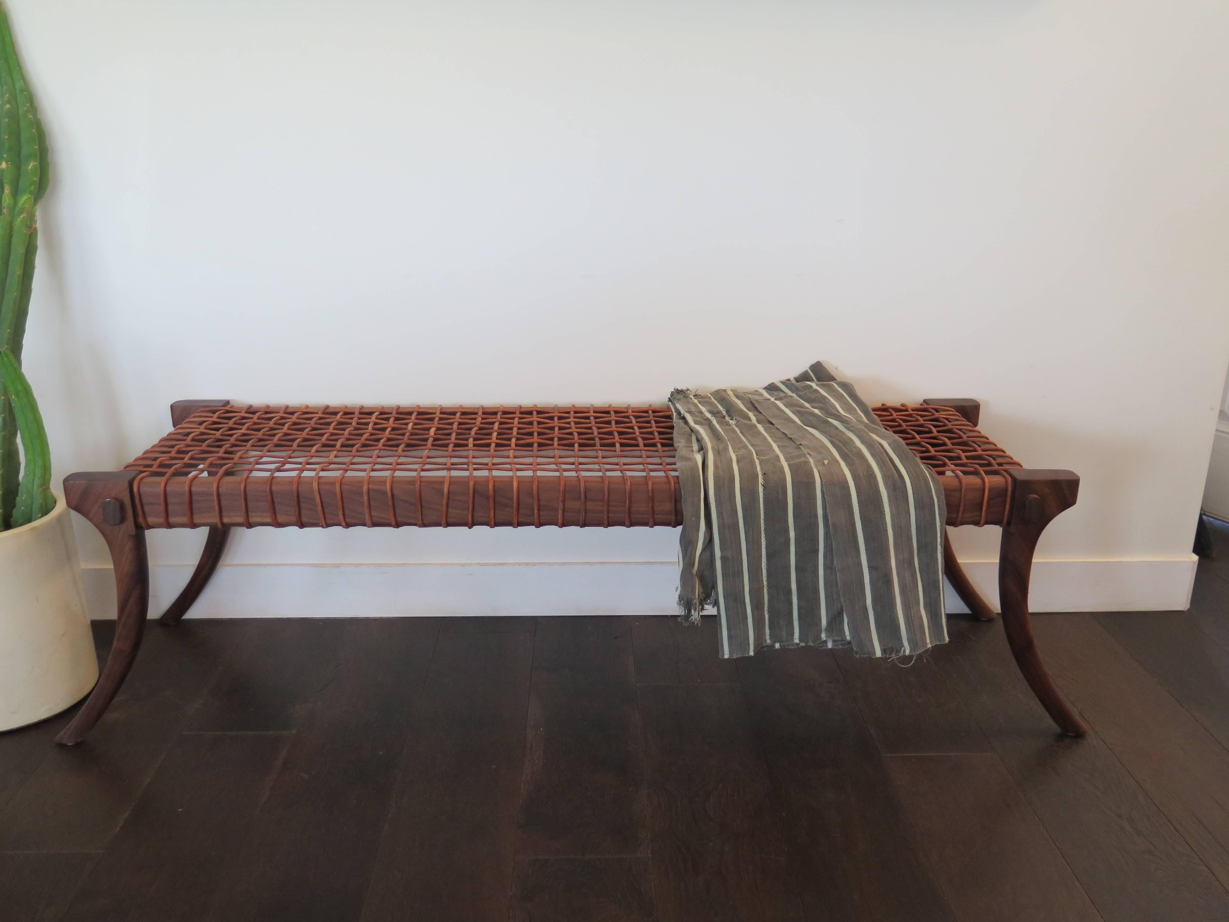 Contemporary Haskell Studio Lola Bench Coffee Table in Walnut with Leather Cord Strapping