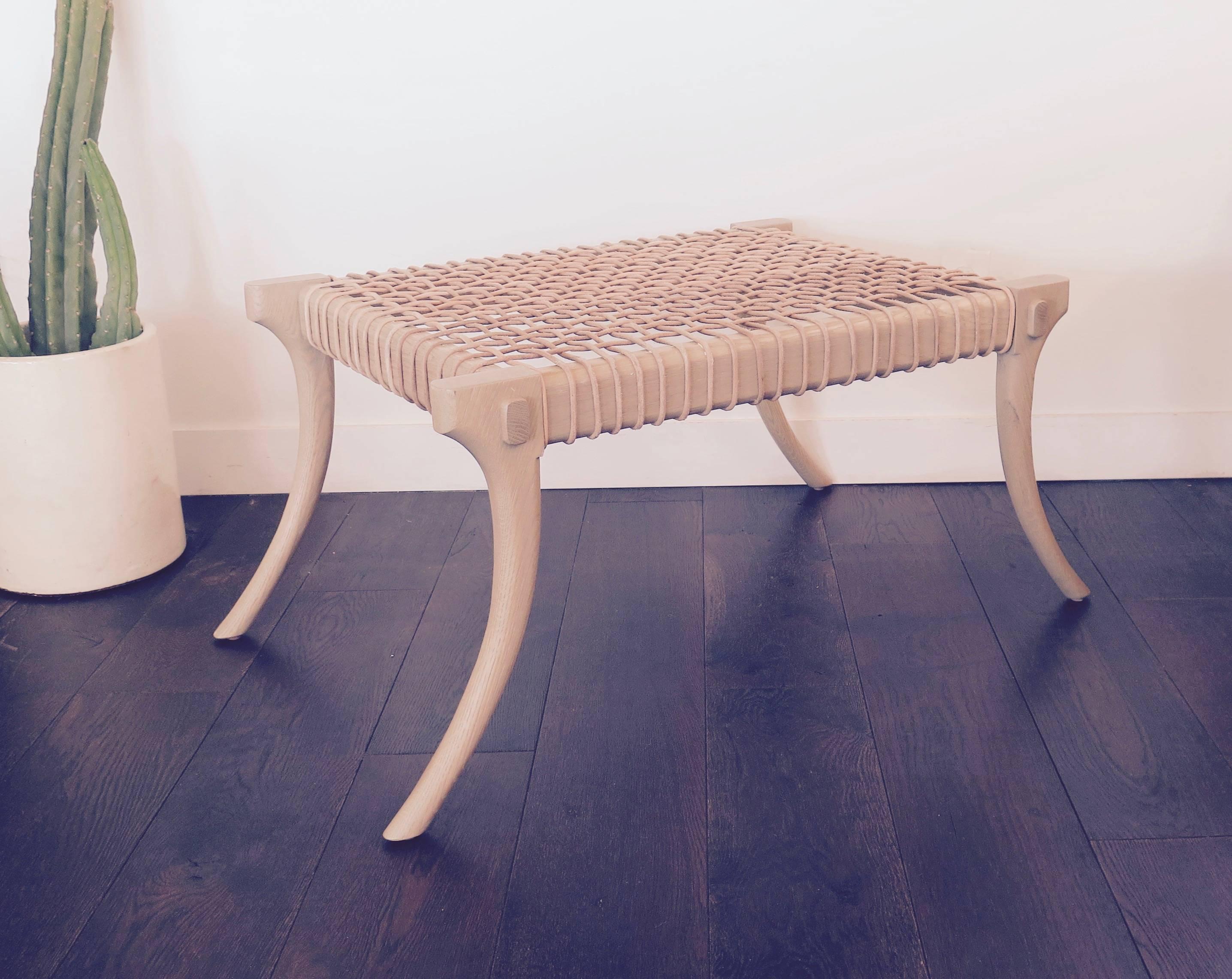 Lola bench in white oak with leather cord.