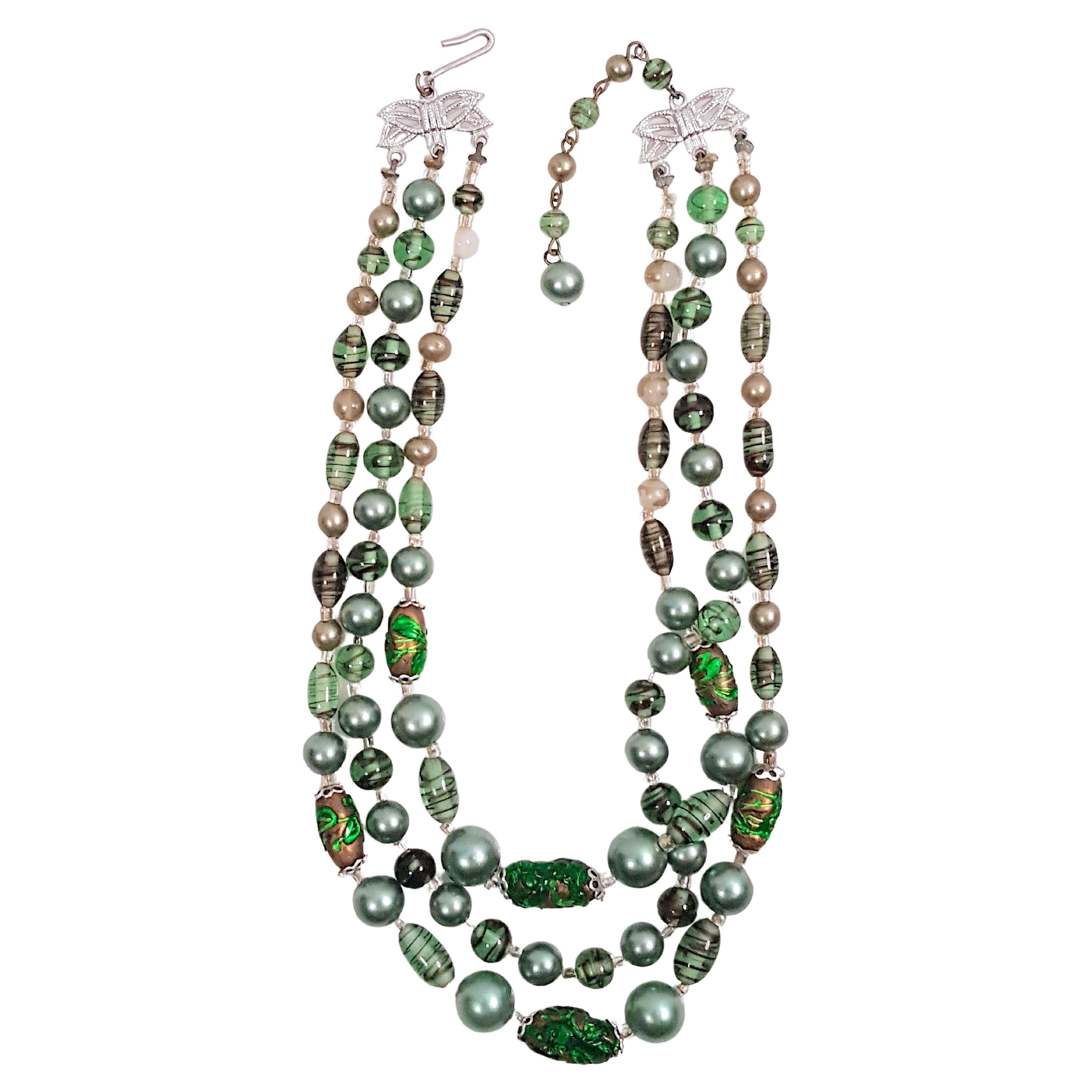 HaskellStyle PostWarII GlassLampworkPearlBeads GreenMetallic Filigree Necklace For Sale