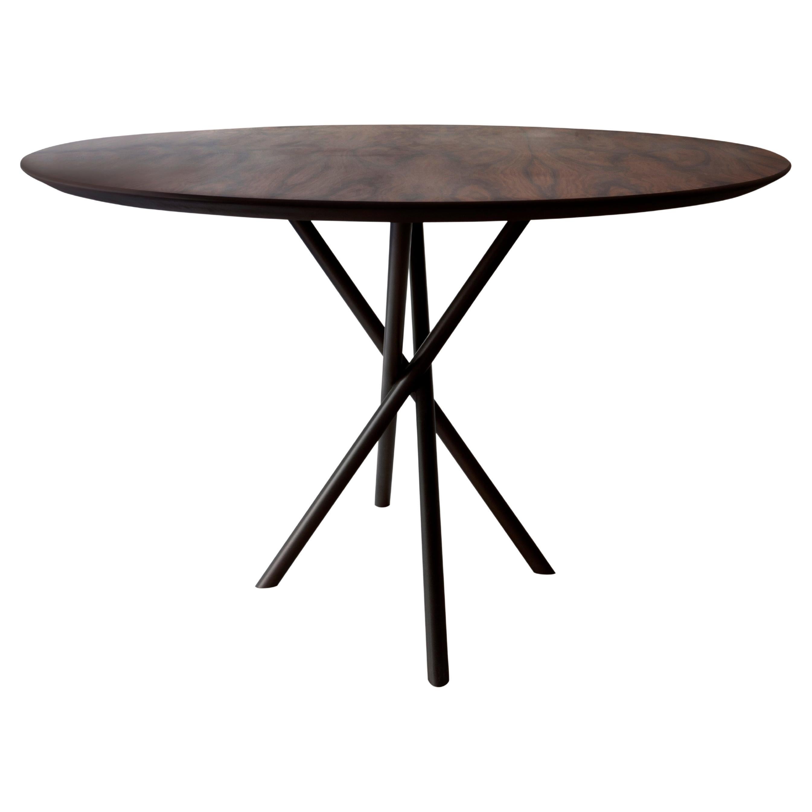 "Hastes" Modernist Round Dining Table Black Steel and Walnut Wood