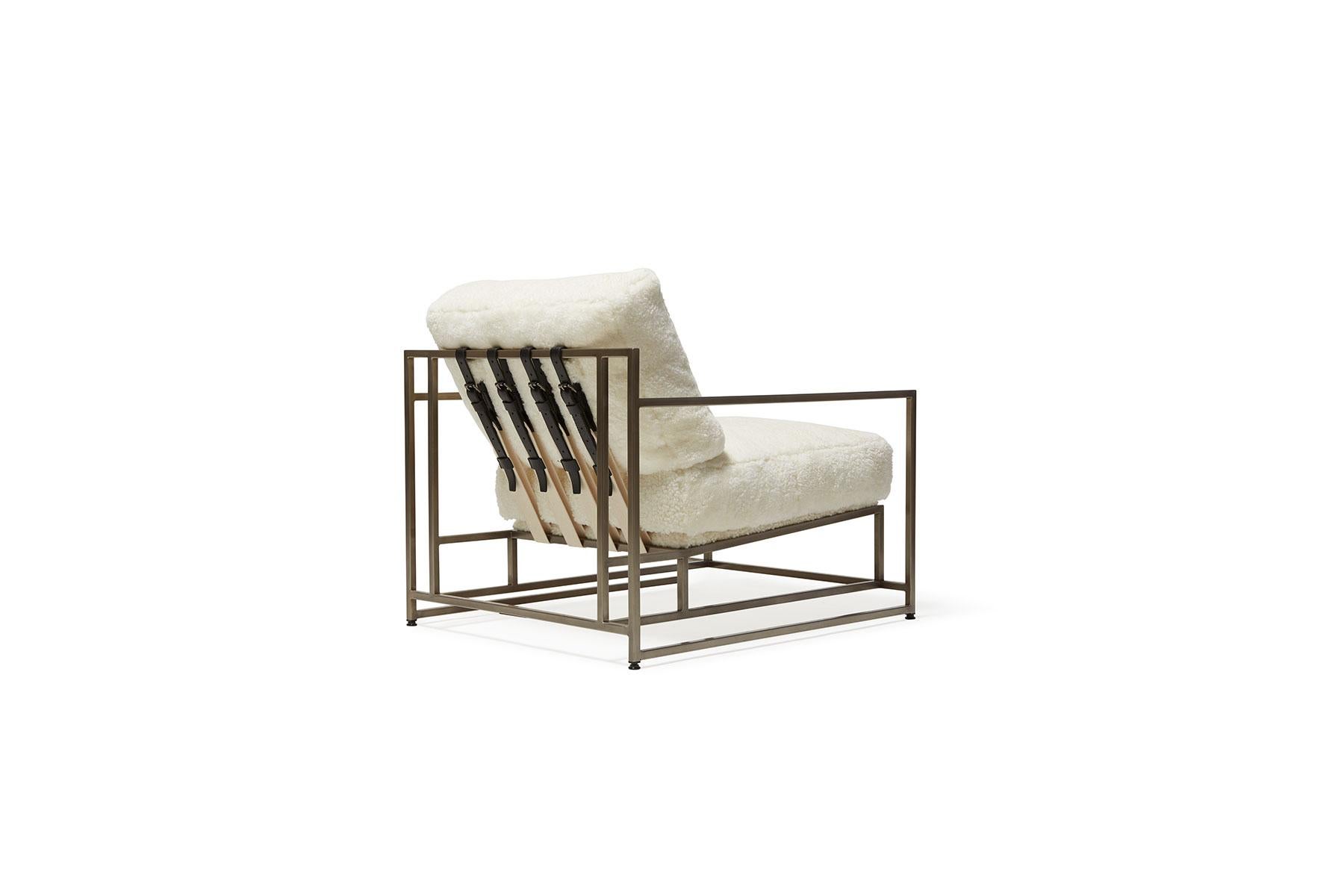 Modern Ivory Shearling & Antique Nickel Armchair For Sale