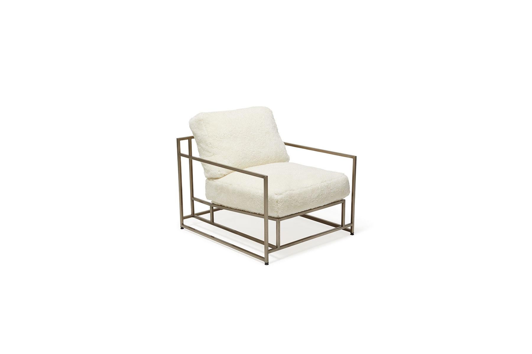 Ivory Shearling & Antique Nickel Armchair In New Condition For Sale In Los Angeles, CA
