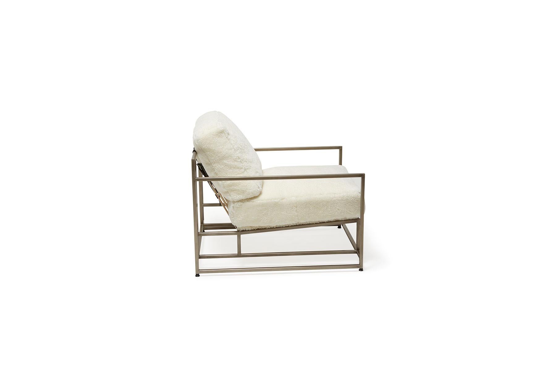 Contemporary Ivory Shearling & Antique Nickel Armchair For Sale