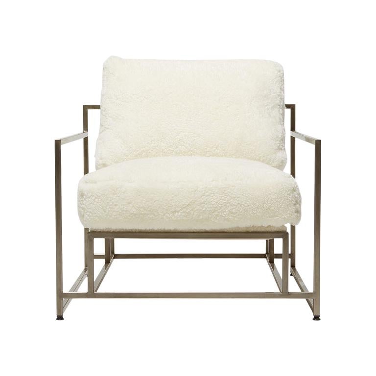 Ivory Shearling & Antique Nickel Armchair For Sale