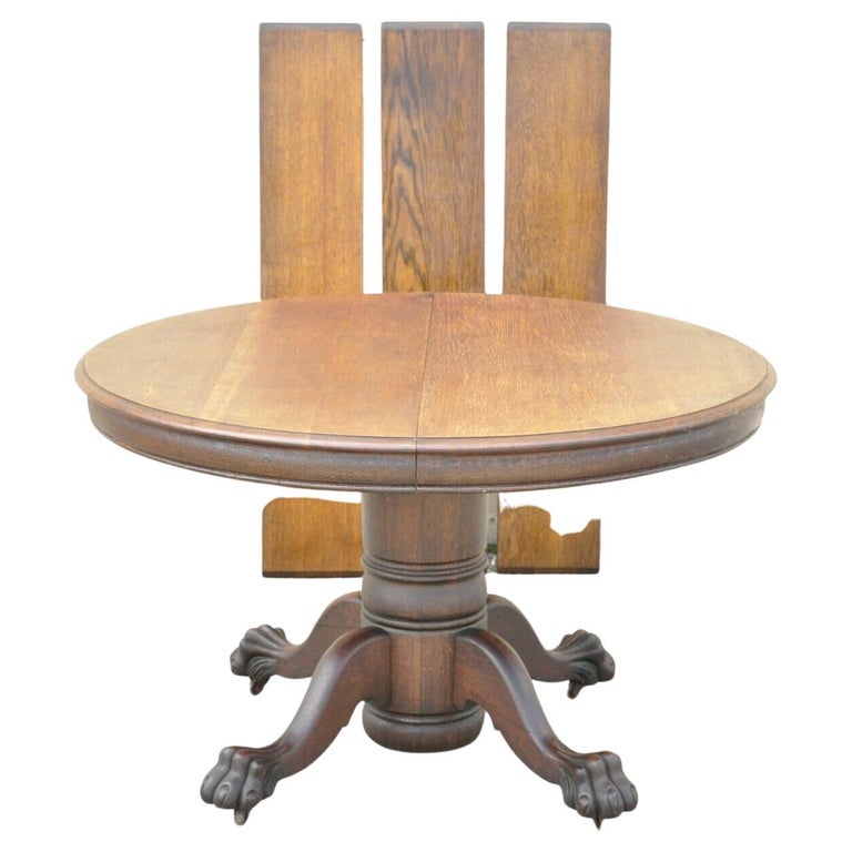 Hastings Table Co. American Empire 48" Round Oak Paw Feet Dining Table, 3 Leaves For Sale