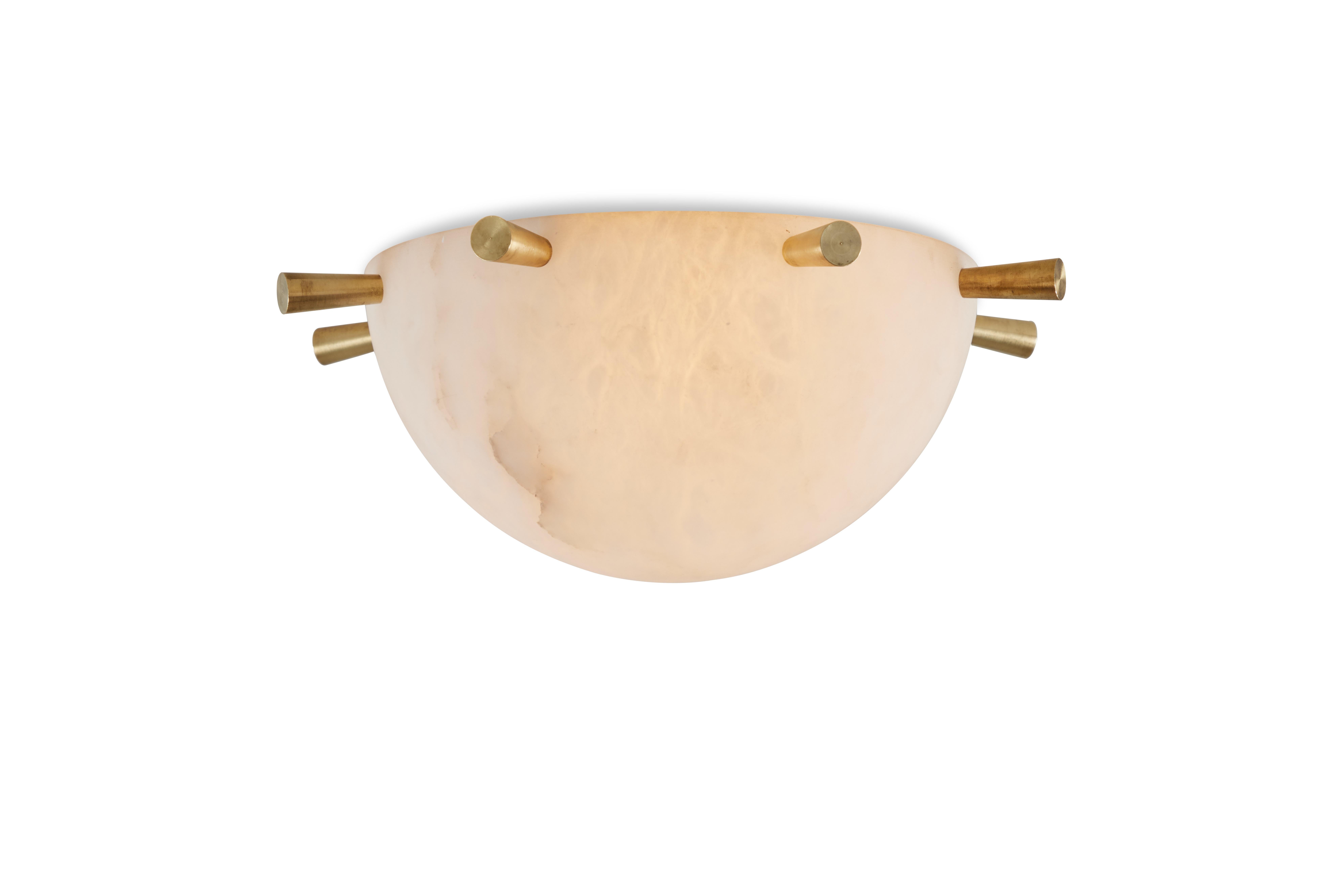 'Hat' alabaster and brass wall or ceiling Lamp by Denis de la Mesiere. Handcrafted in Los Angeles in the workshop of noted French designer and antiques dealer Denis de le Mesiere, who meticulously pays homage to the work of Pierre Chareau with