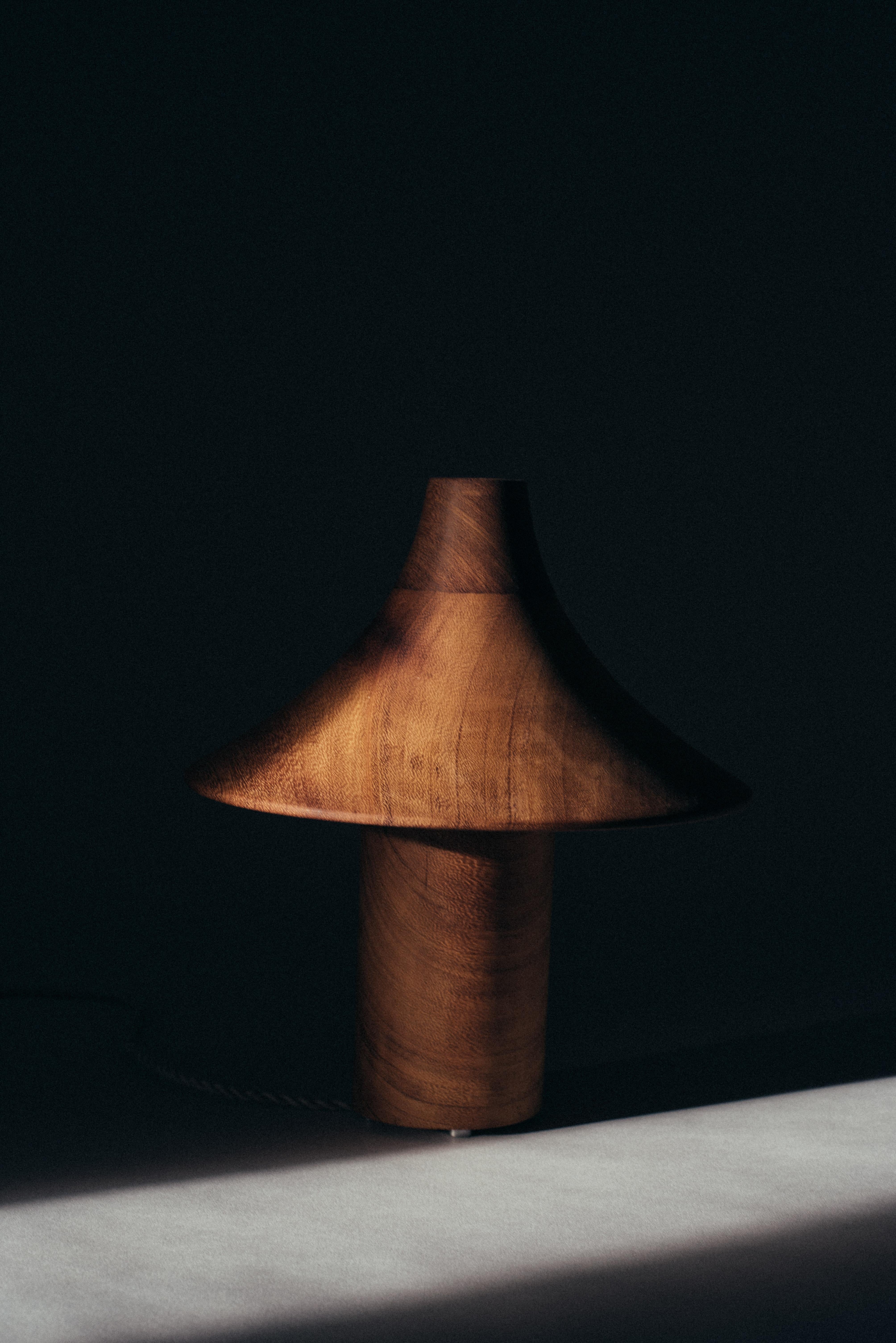 „Hat“-Lampe aus handgedrehtem Teakholz und Metallbeschlägen. (Birke) im Angebot