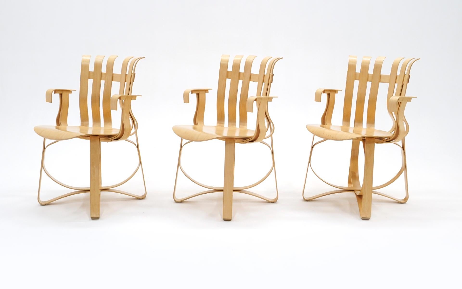 Three Hat Trick chairs designed by Frank Gehry and manufactured by Knoll. Each is signed with the branded Frank Gehry and Knoll signature on the underside. Price is for each so please enter the quantity when purchasing. All are in very good
