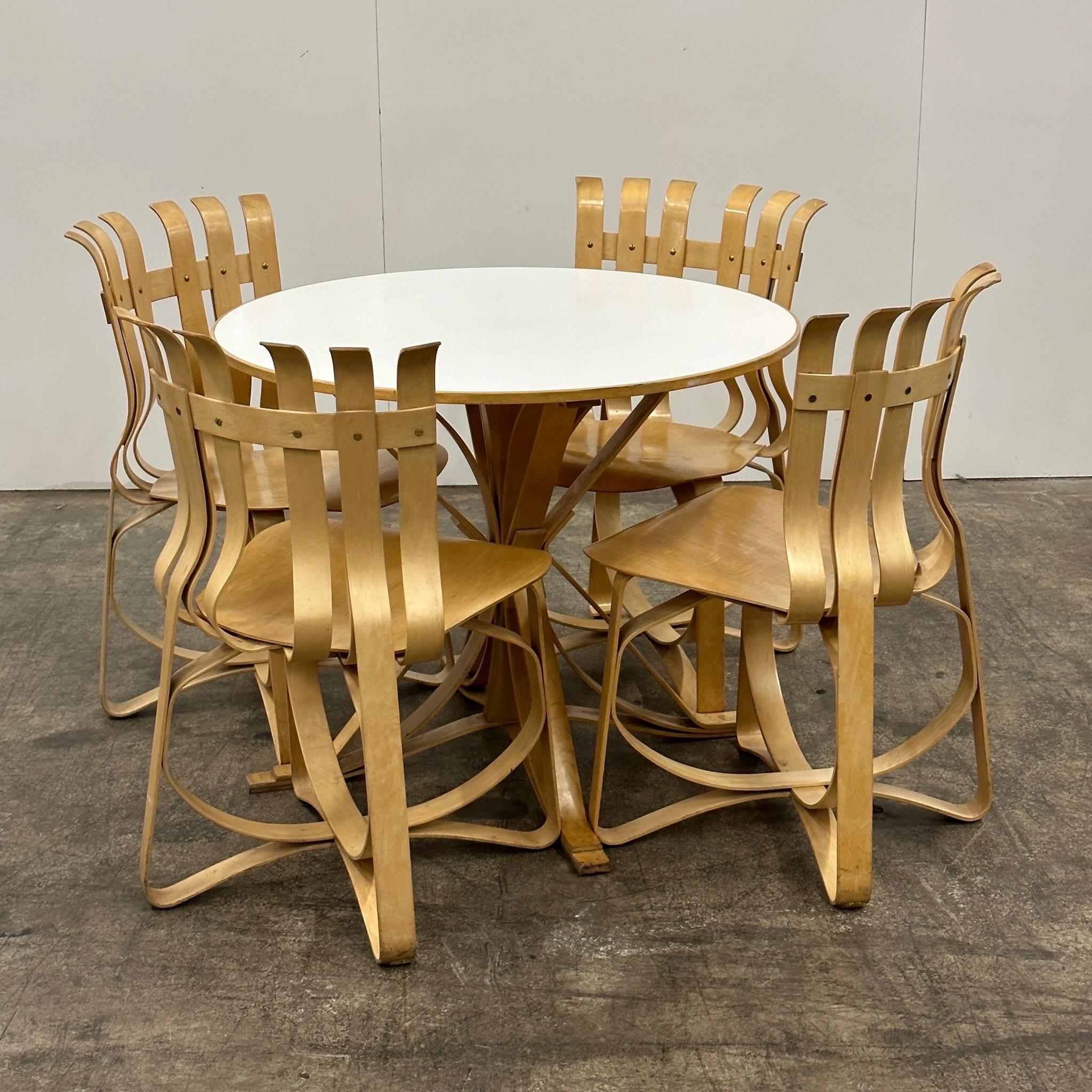 c. 1992. Price is for the set. Contact us if you’d like to purchase a single item. This dining set contains four of the hat trick chairs, as well as one face off table by Frank Gehry for Knoll. We have multiple sets available as well. 

Dimensions