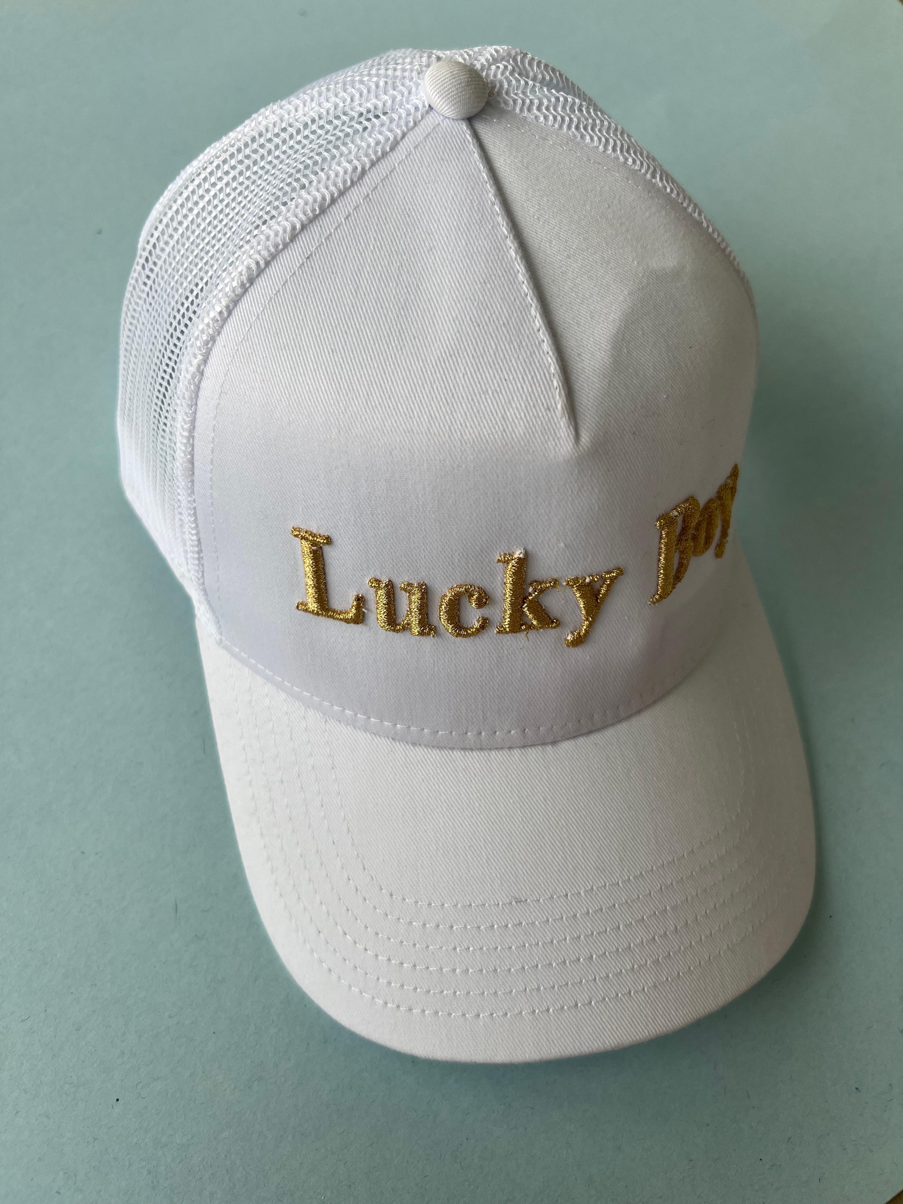 Women's or Men's Hat White Trucker Gold Lurex Embroidery Lucky Boy Cotton 