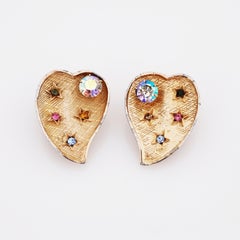 Hatch Texture Gold Heart Earrings w/ Colorful Rhinestone Star Details By Kramer