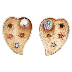Hatch Texture Gold Heart Earrings w/ Colorful Rhinestone Star Details By Kramer