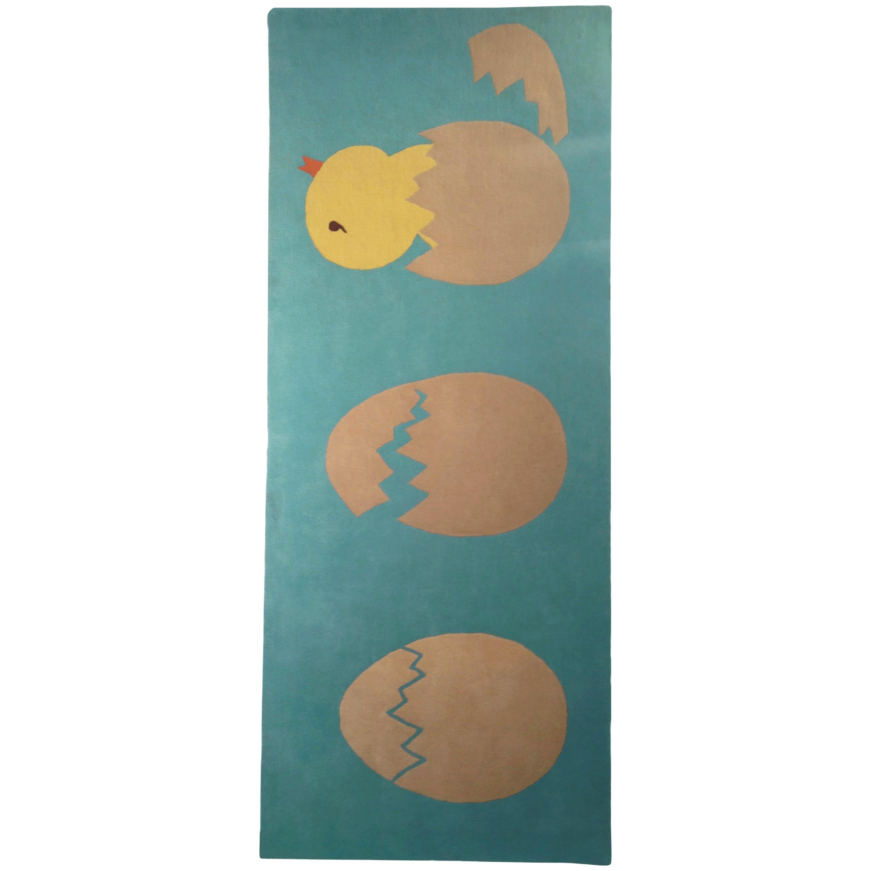  Turquoise and Yellow Hatching Chick Handmade Wool Children's Rug by Groundplans For Sale