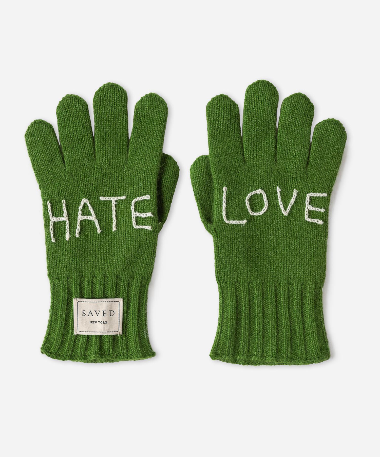 Hate Love green gloves by Saved, New York

Includes contrasting hand embroidery details. One size.