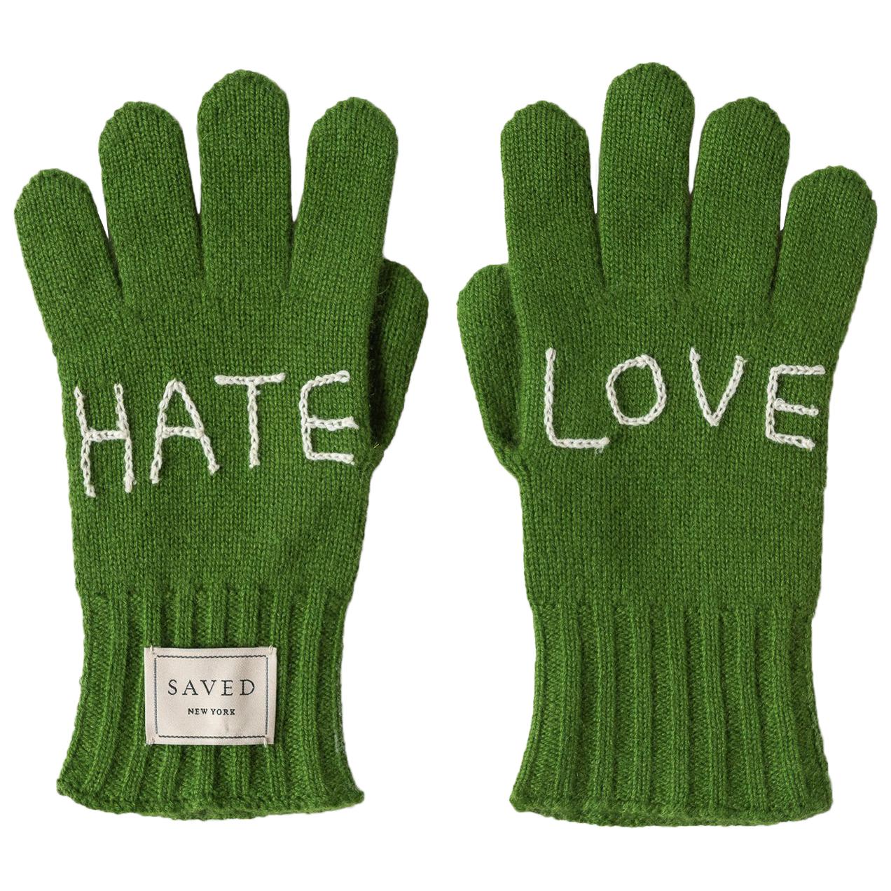 Hate Love Green Gloves by Saved, New York