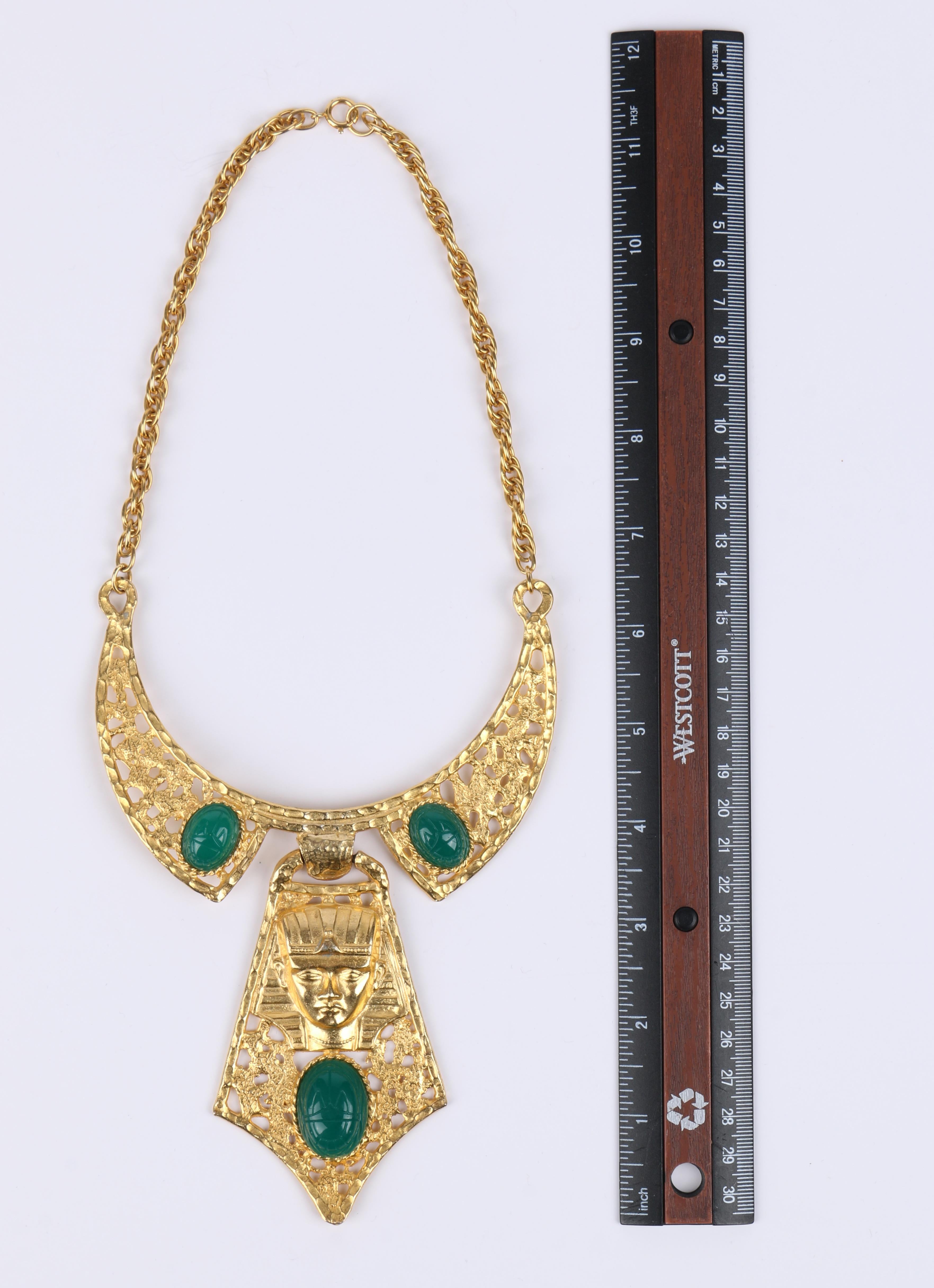 HATTIE CARNEGIE 1960s Gold Green Egyptian Pharaoh Scarab Collar Bib Necklace 5