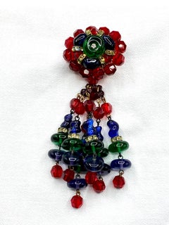 Hattie Carnegie 1950s Large Red, Blue, Green Glass Bead Tassel Brooch