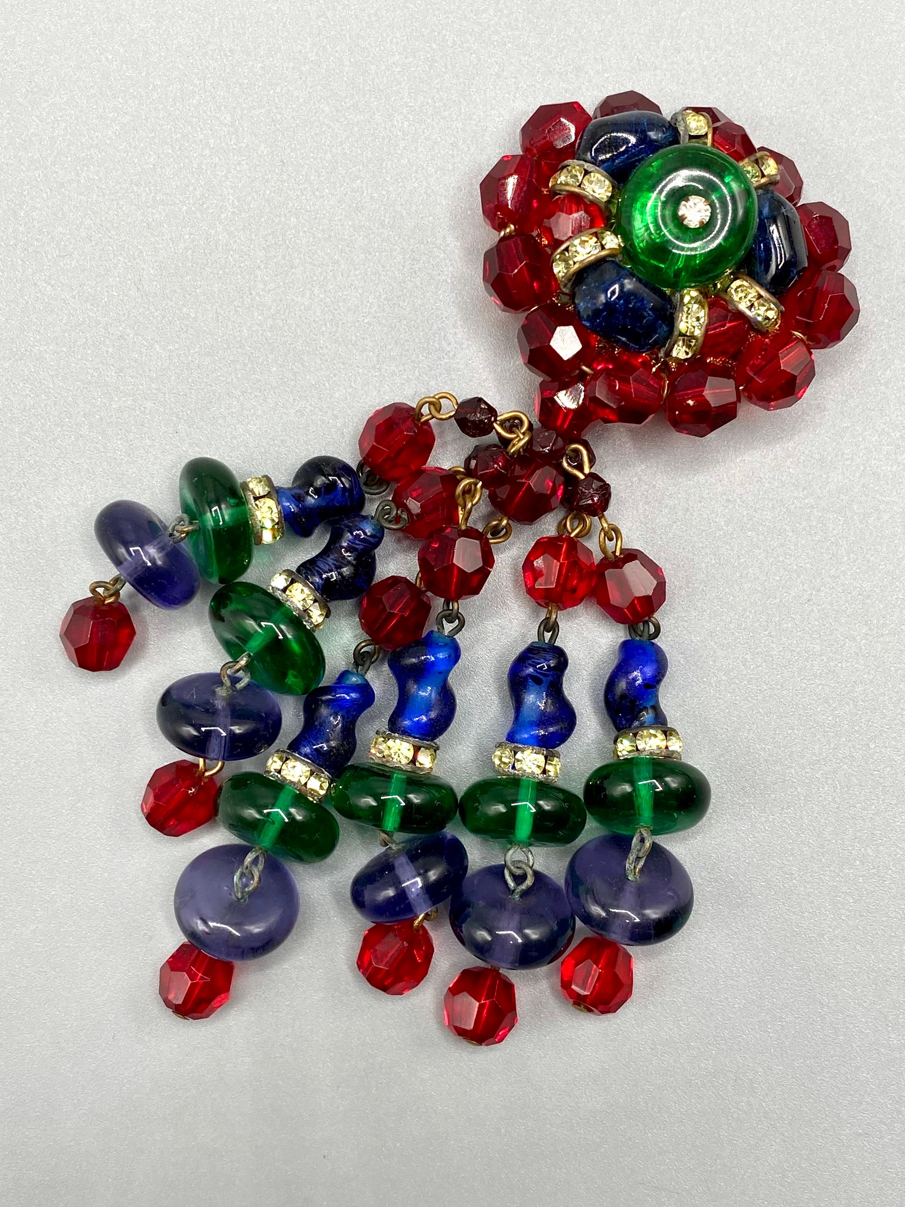 Hattie Carnegie 1950s Large Red, Blue, Green Glass Bead Tassel Brooch In Good Condition In New York, NY