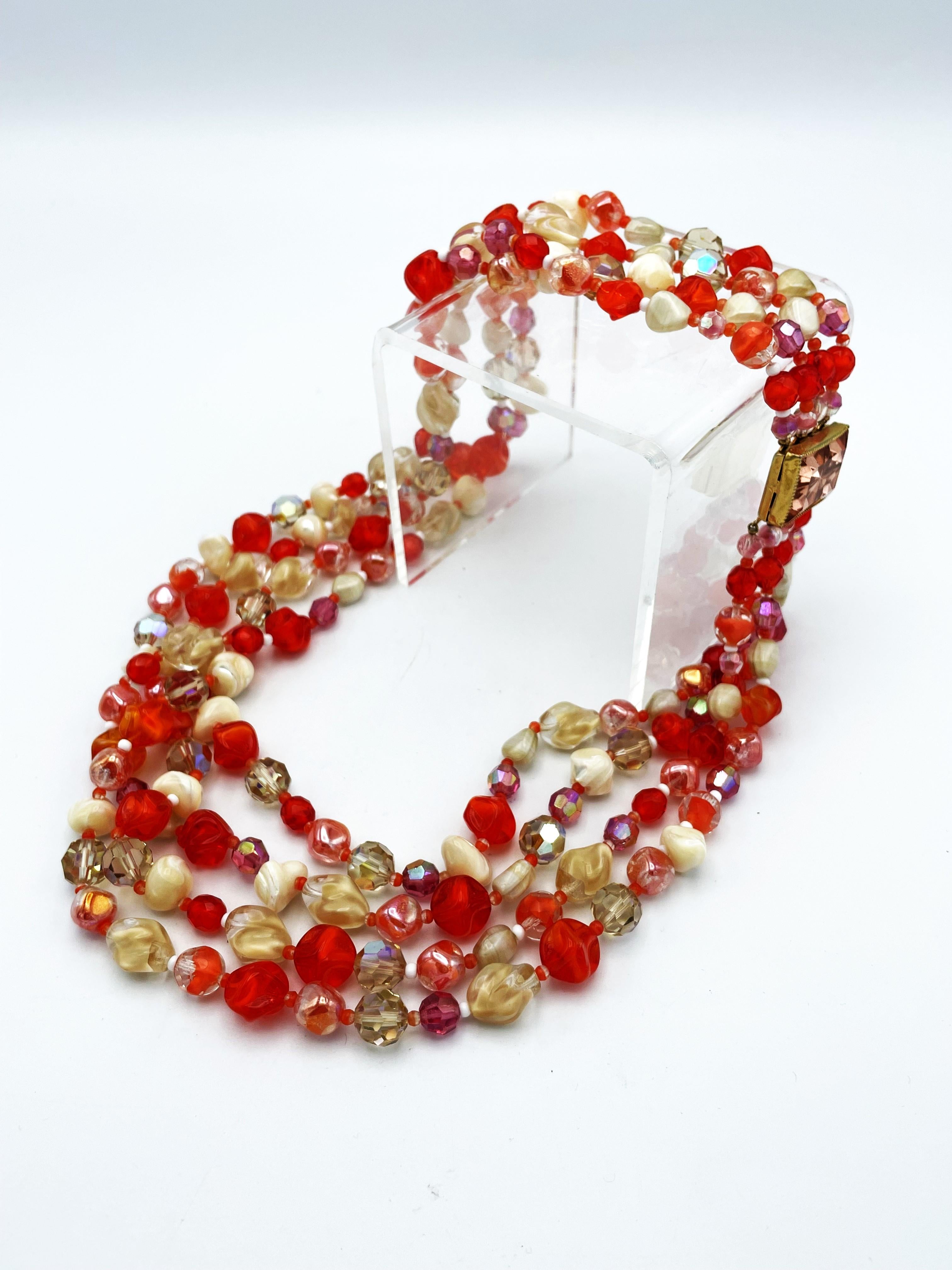 Hattie Carnegie 4 row necklace with different  beads and different colors, 1950s For Sale 3