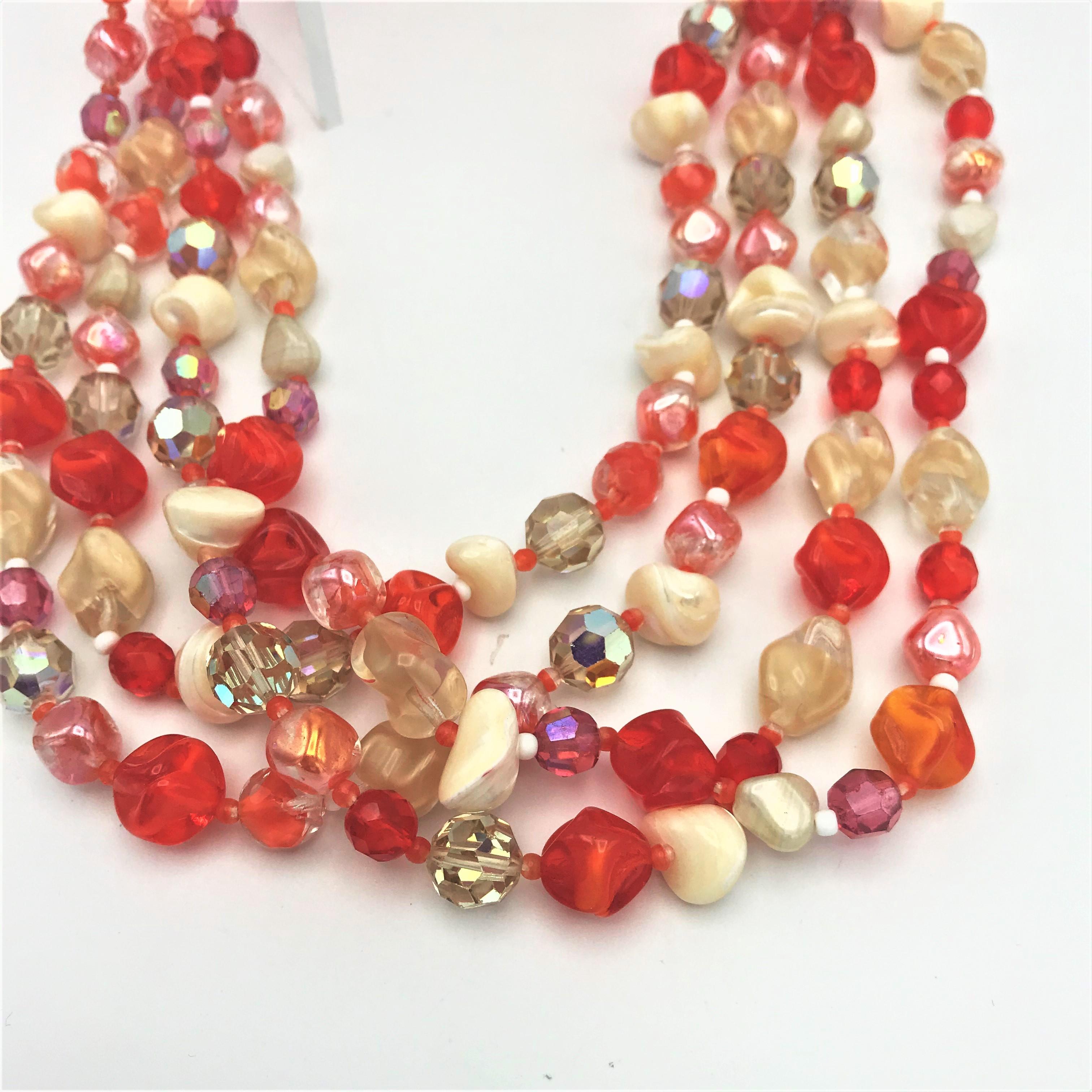 Artisan Hattie Carnegie 4 row necklace with different  beads and different colors, 1950s For Sale
