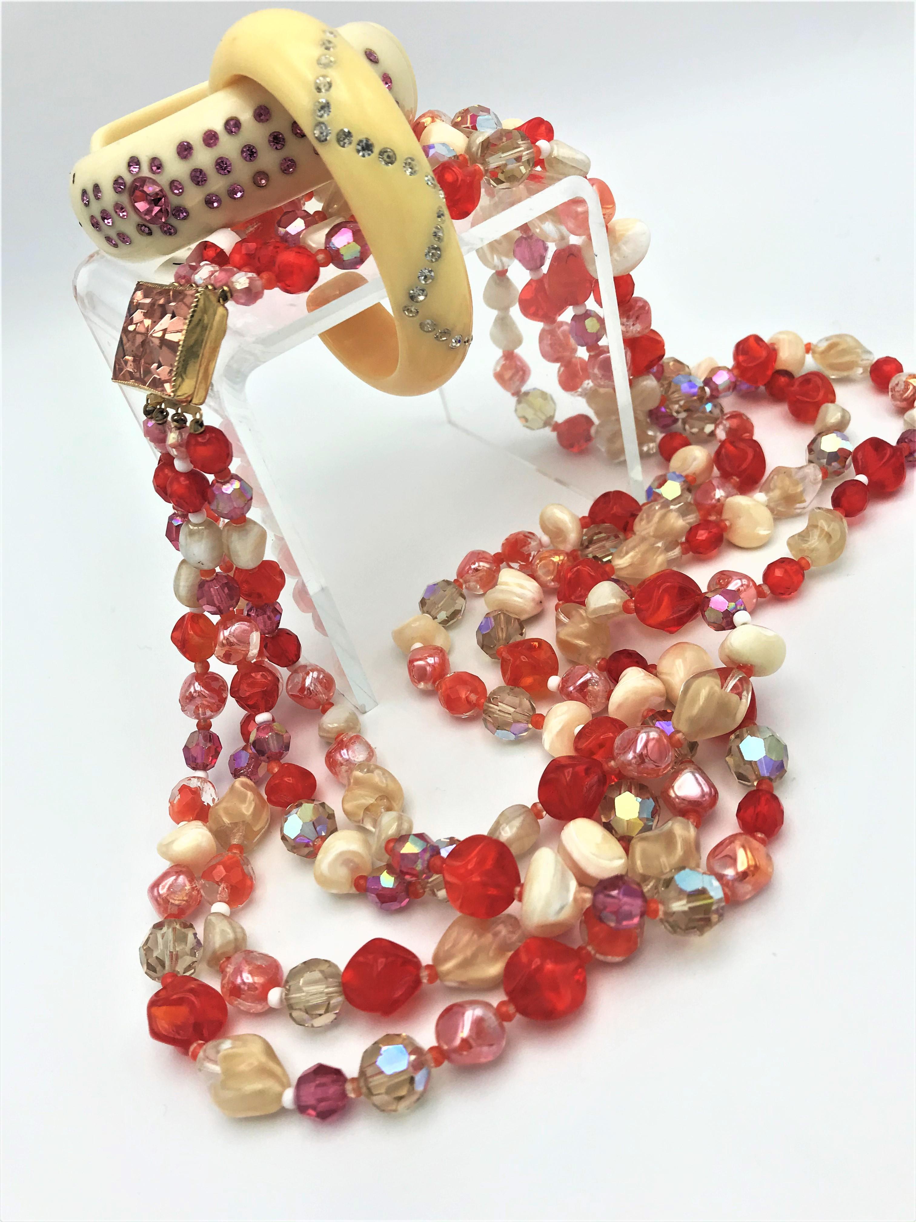 Bead Hattie Carnegie 4 row necklace with different  beads and different colors, 1950s For Sale
