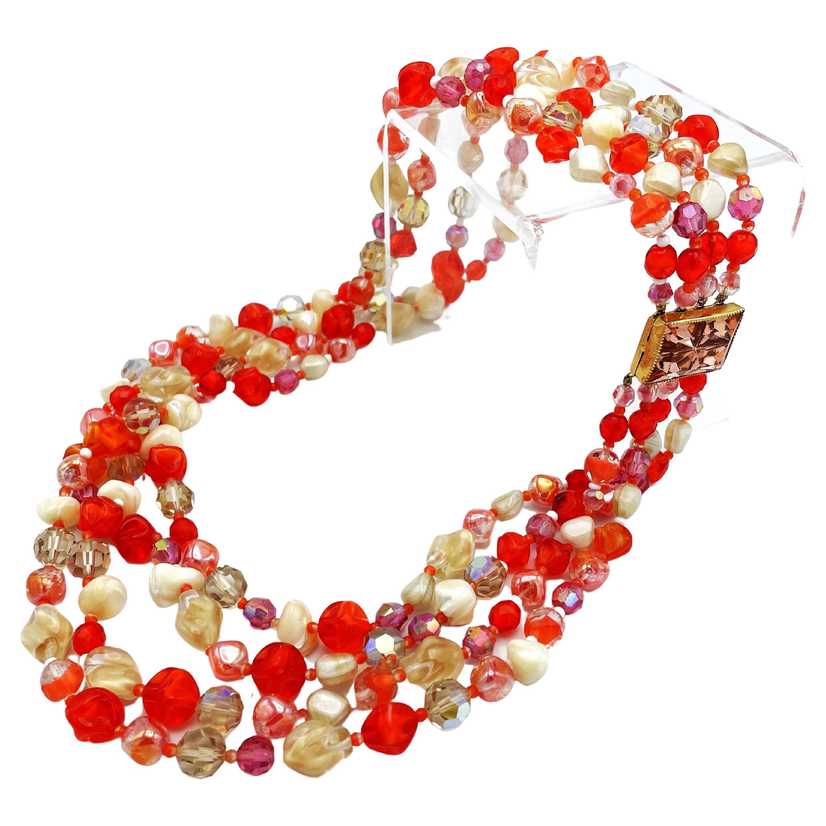 Hattie Carnegie 4 row necklace with different  beads and different colors, 1950s For Sale
