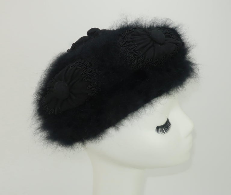 Hattie Carnegie Black Angora Beret Style Hat, 1950's In Good Condition For Sale In Atlanta, GA