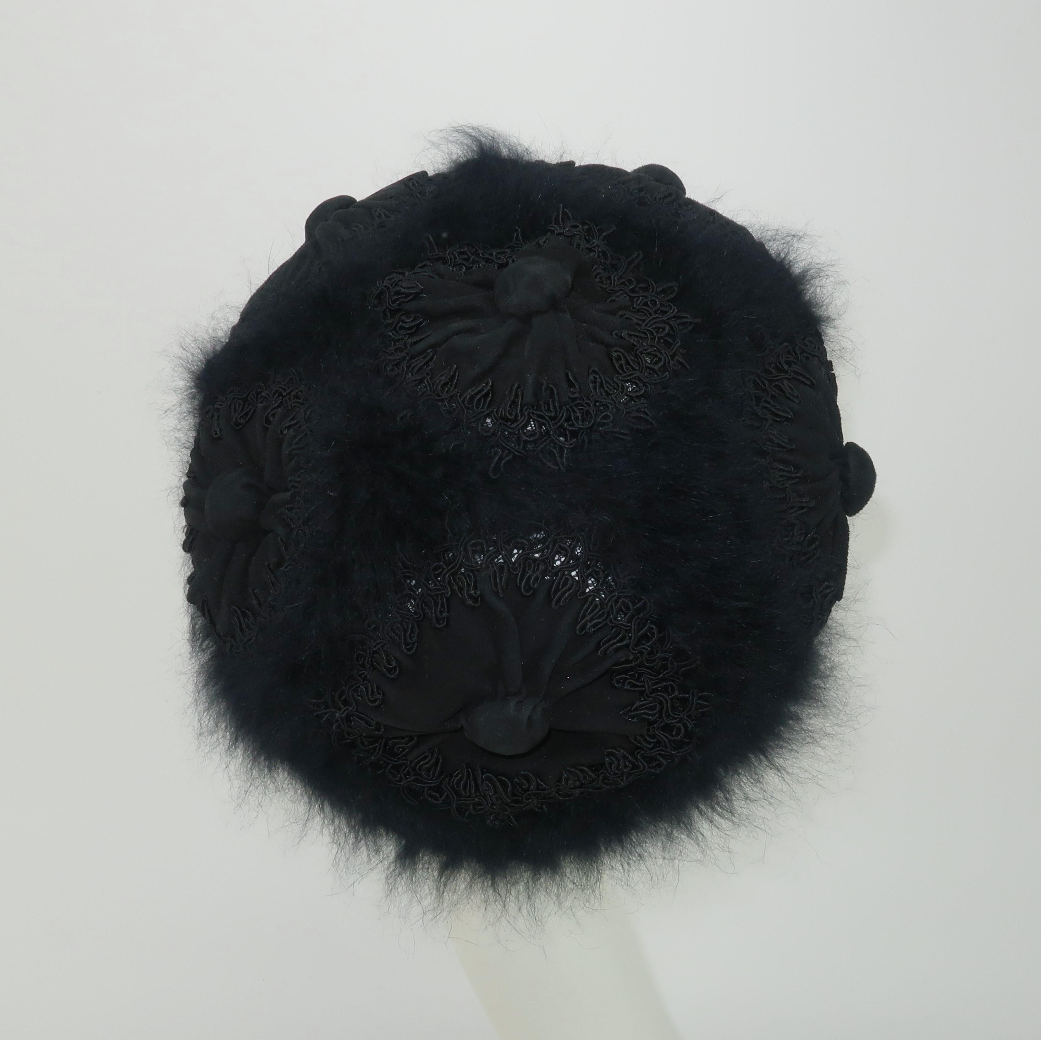 Hattie Carnegie Black Angora Beret Style Hat, 1950's In Good Condition For Sale In Atlanta, GA