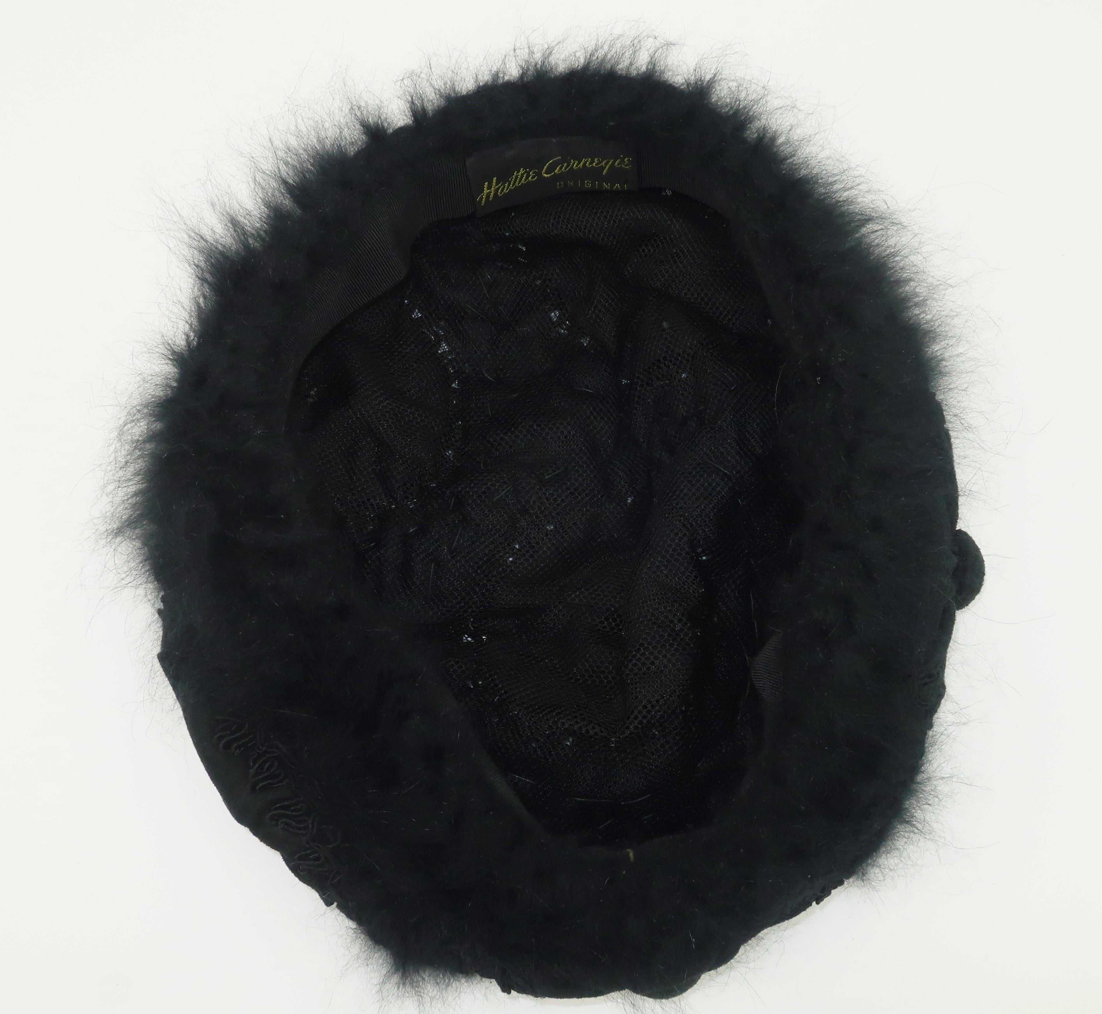 Hattie Carnegie Black Angora Beret Style Hat, 1950's For Sale 1