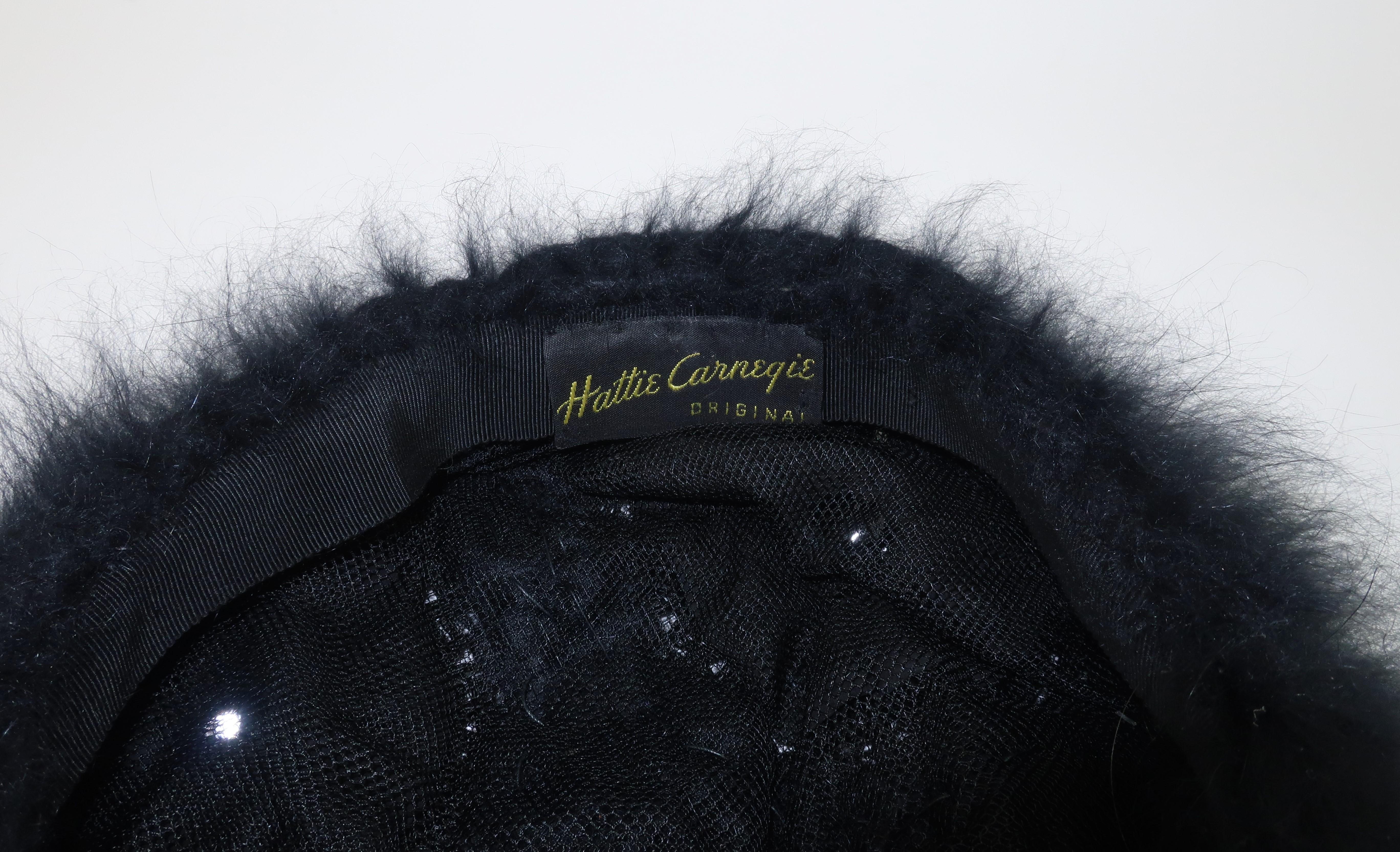 Hattie Carnegie Black Angora Beret Style Hat, 1950's For Sale 2