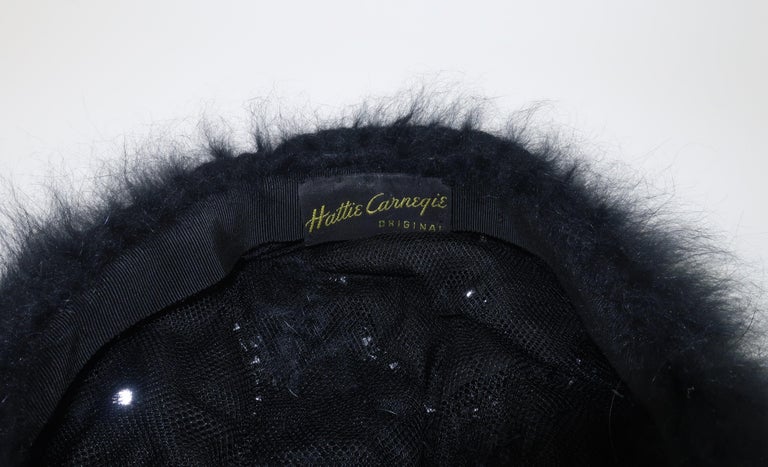 Hattie Carnegie Black Angora Beret Style Hat, 1950's For Sale 3