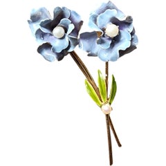 Hattie Carnegie Blue Enamel Faux Pearl Double Flower Brooch, 1950s