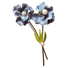 Hattie Carnegie Blue Enamel Faux Pearl Double Flower Brooch, 1950s