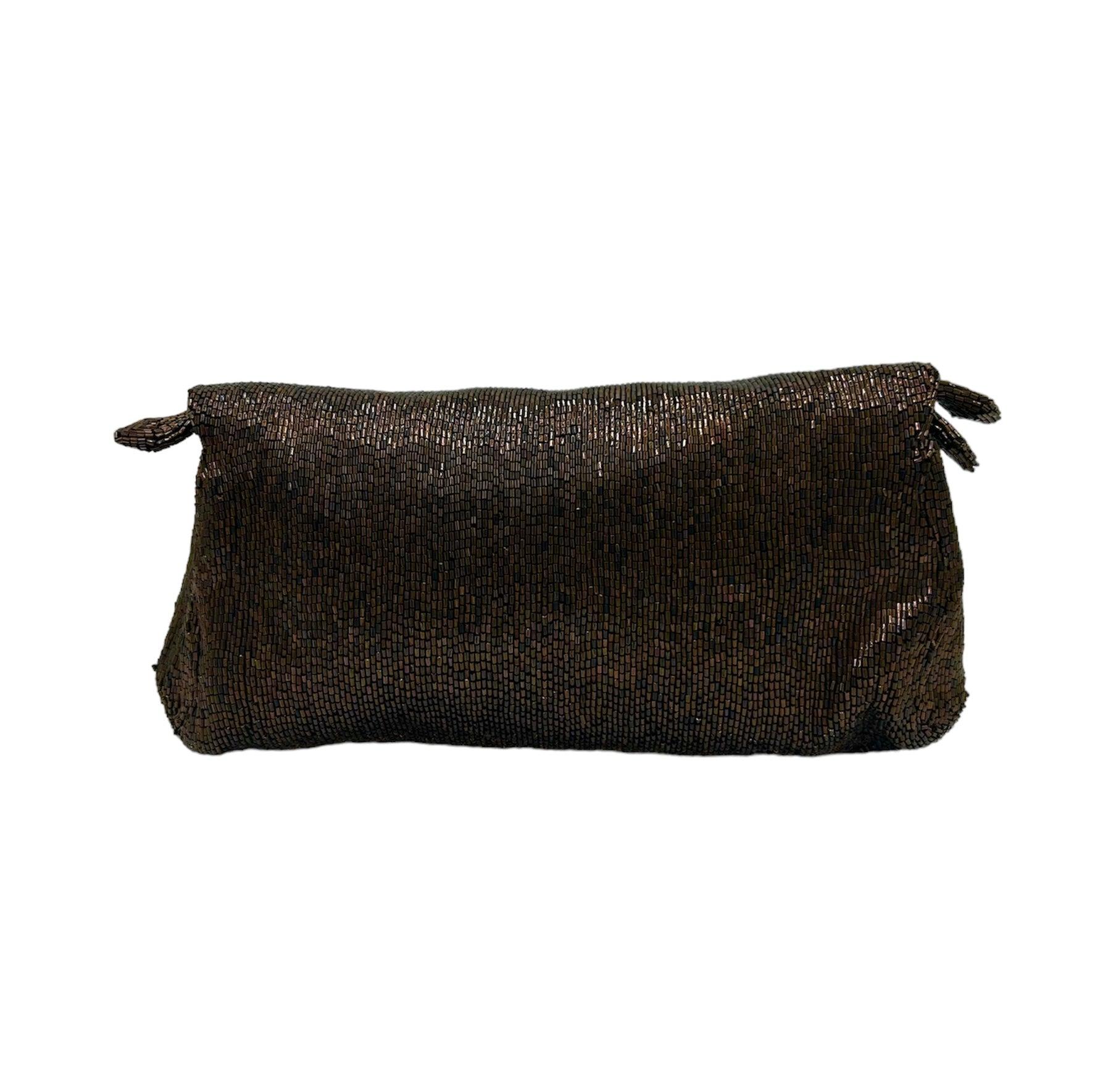 Black Hattie Carnegie Chocolate Copper Bugle Beaded Clutch, 1940s For Sale