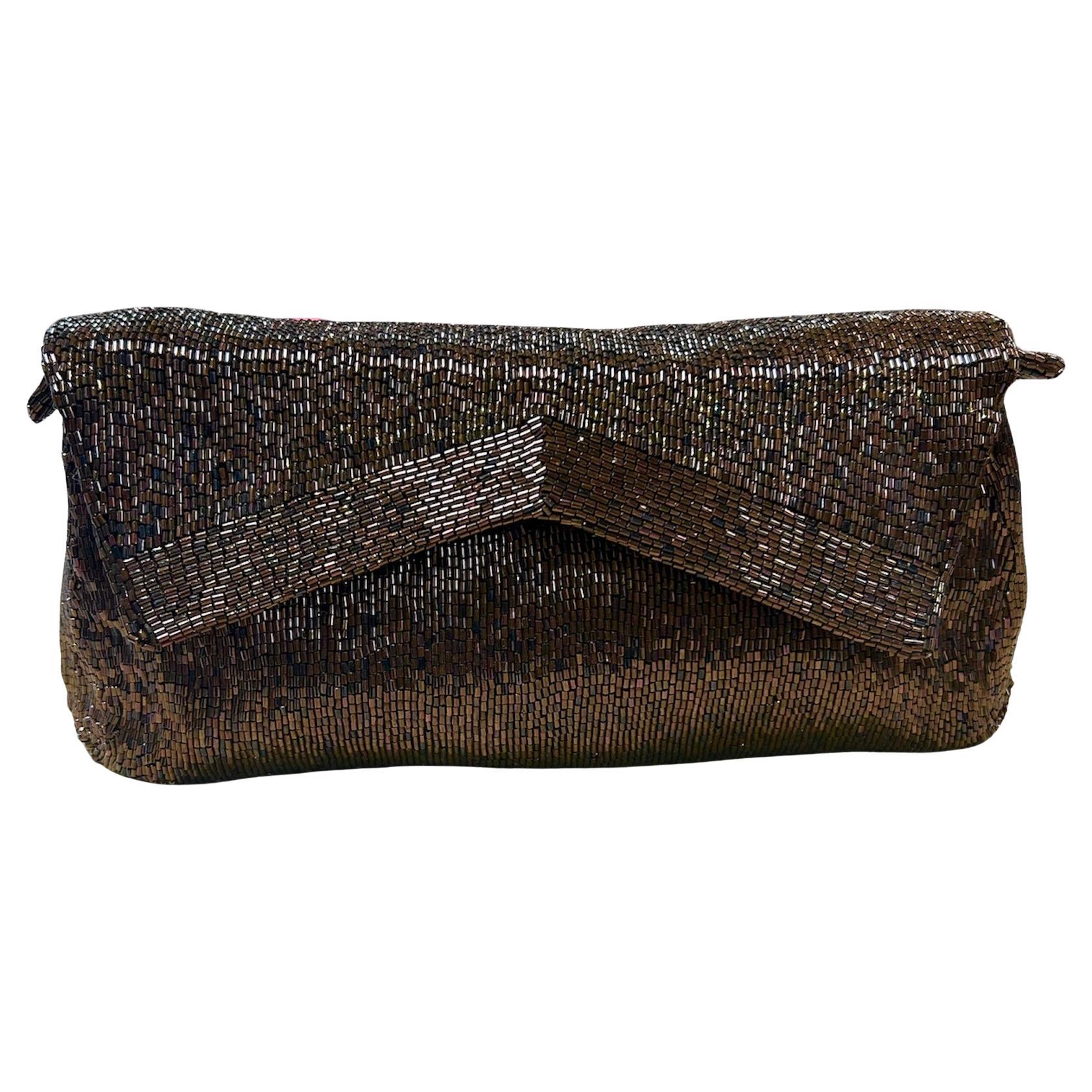 Hattie Carnegie Chocolate Copper Bugle Beaded Clutch, 1940s For Sale