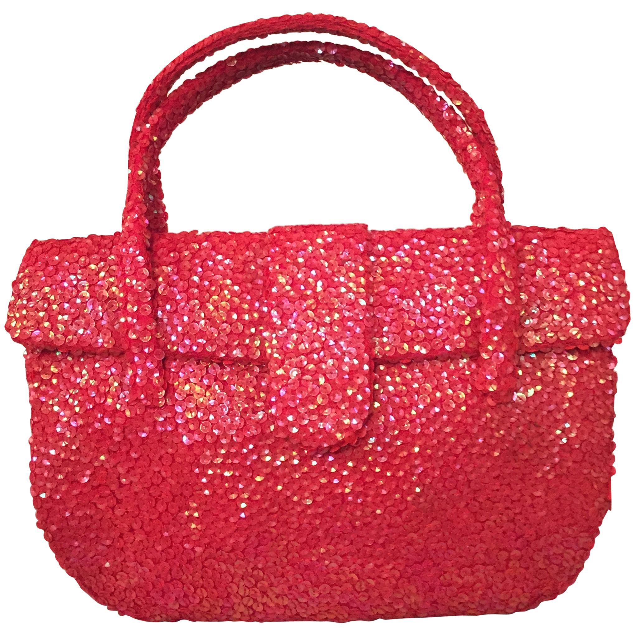 Hattie Carnegie Coral Sequin Top Handle Evening Bag
