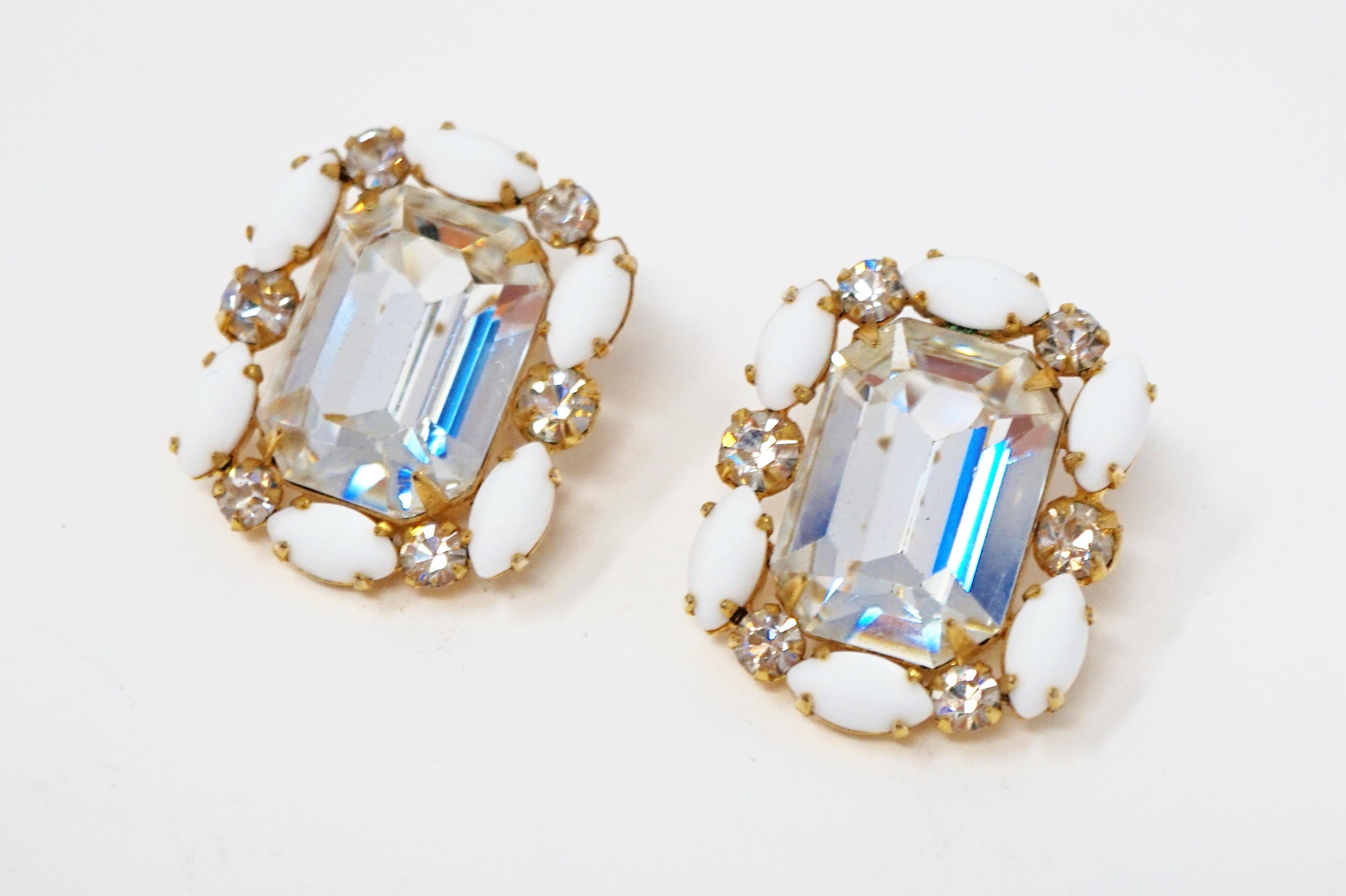 Emerald Cut Hattie Carnegie Crystal Statement Earrings, Signed, circa 1950s