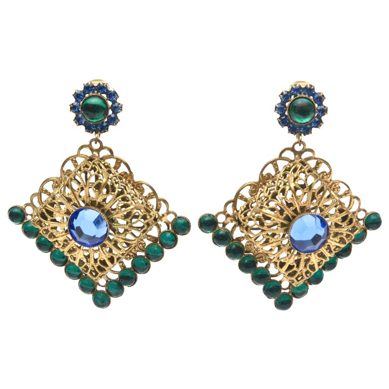 Hattie Carnegie Dangle Rhinestone Clip On Earrings Vintage Signed For