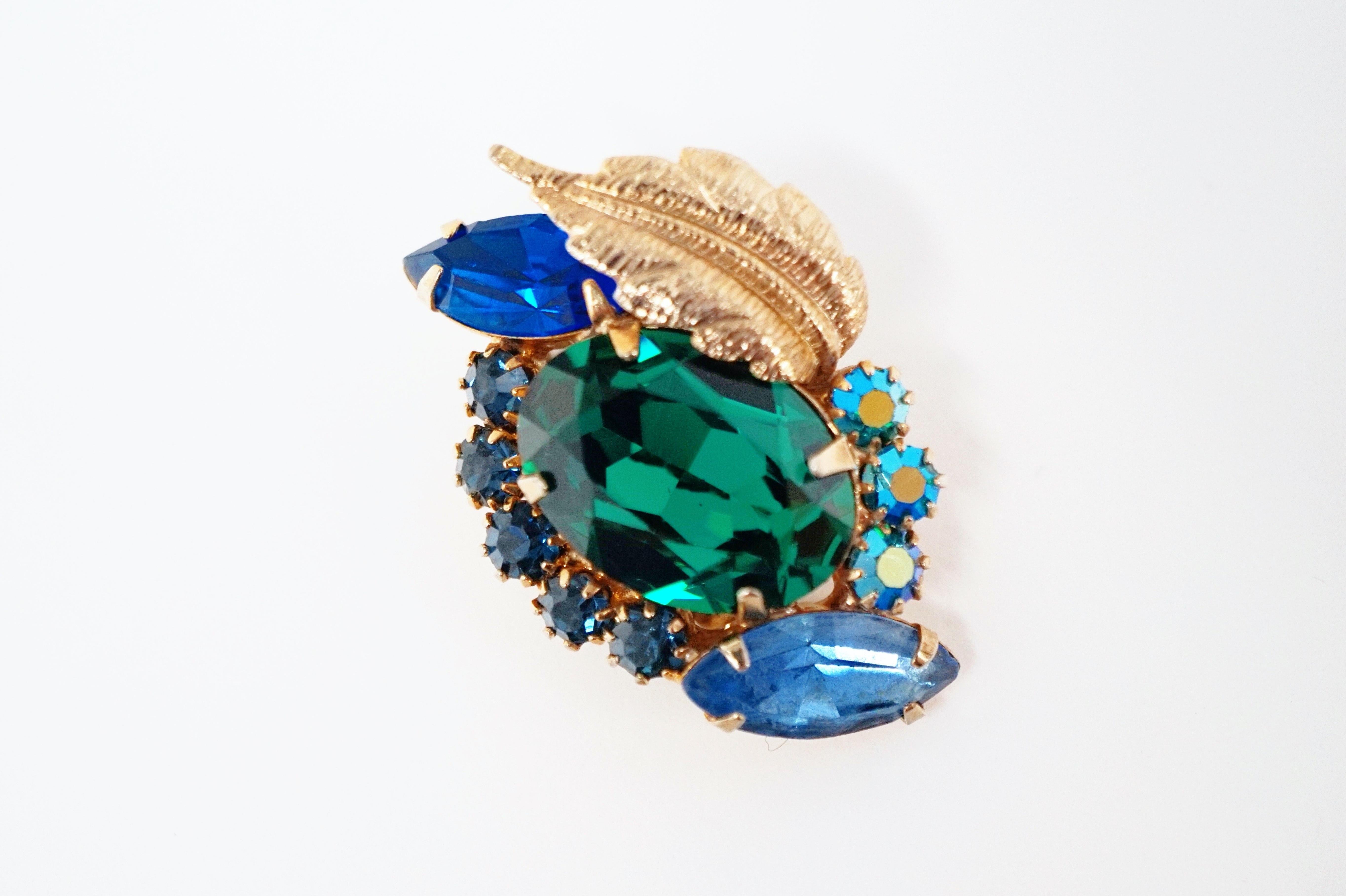 Hattie Carnegie Emerald and Sapphire Rhinestone Brooch and Earrings Demi-Parure 5