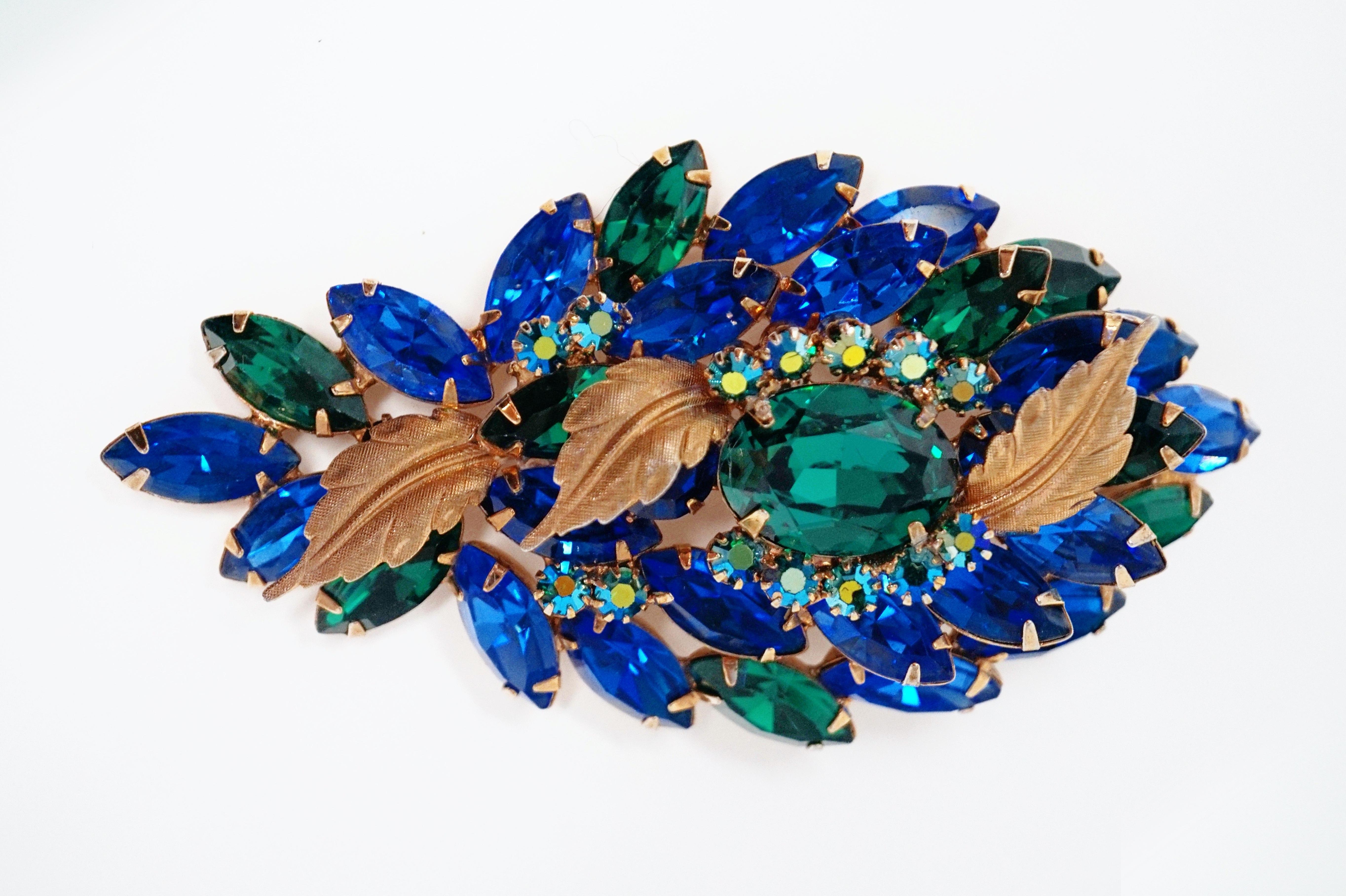 Hattie Carnegie Emerald and Sapphire Rhinestone Brooch and Earrings Demi-Parure 1