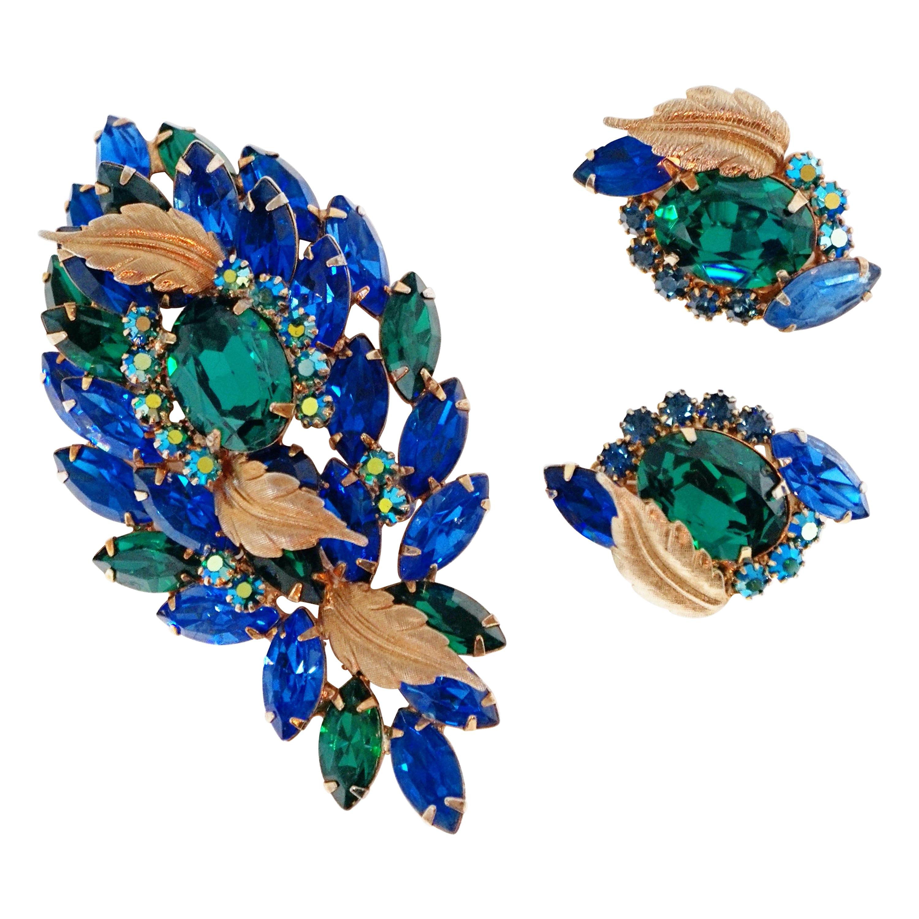 Hattie Carnegie Emerald and Sapphire Rhinestone Brooch and Earrings Demi-Parure