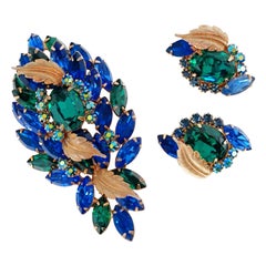 Vintage Hattie Carnegie Emerald and Sapphire Rhinestone Brooch and Earrings Demi-Parure