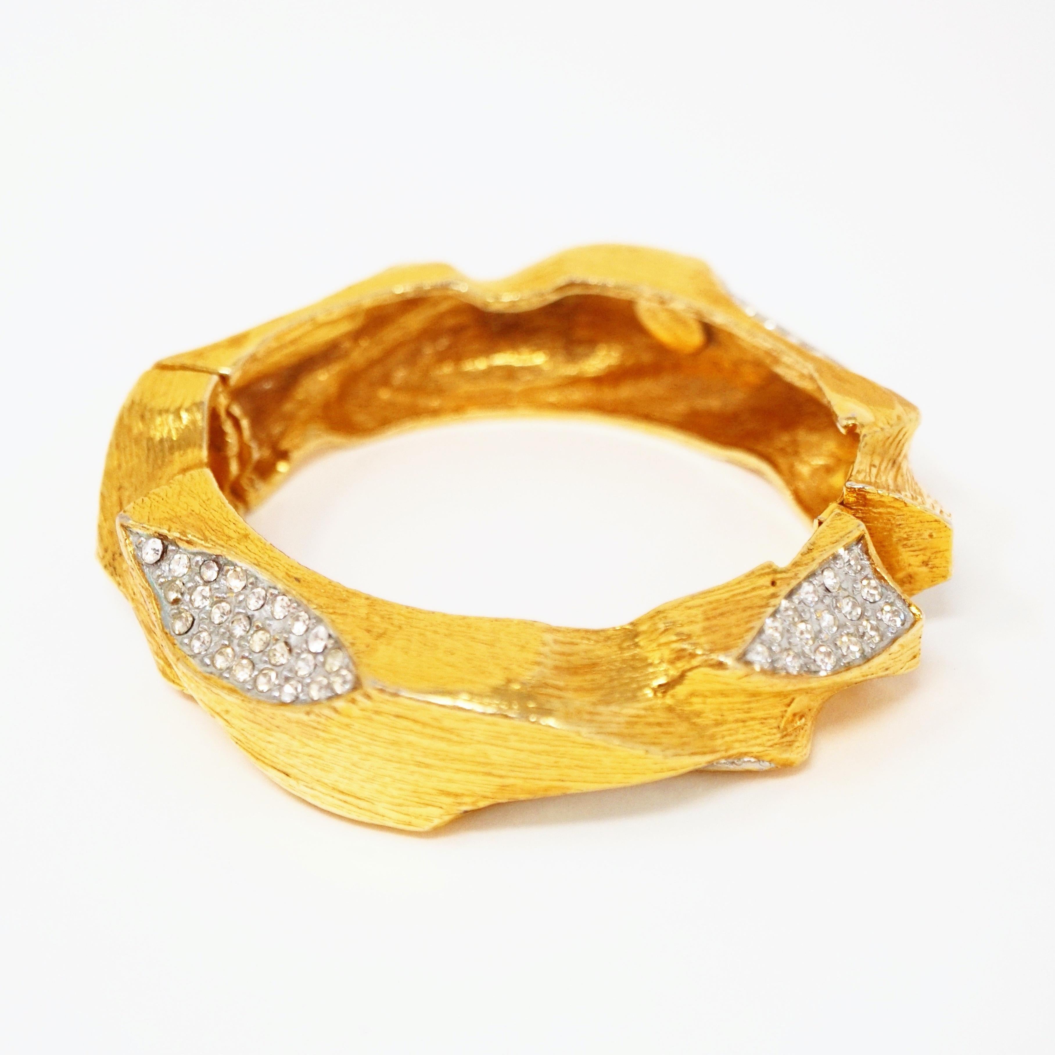 Modern Hattie Carnegie Gilt Clamper Bangle with Rhinestone Pavé, Signed, 1960s