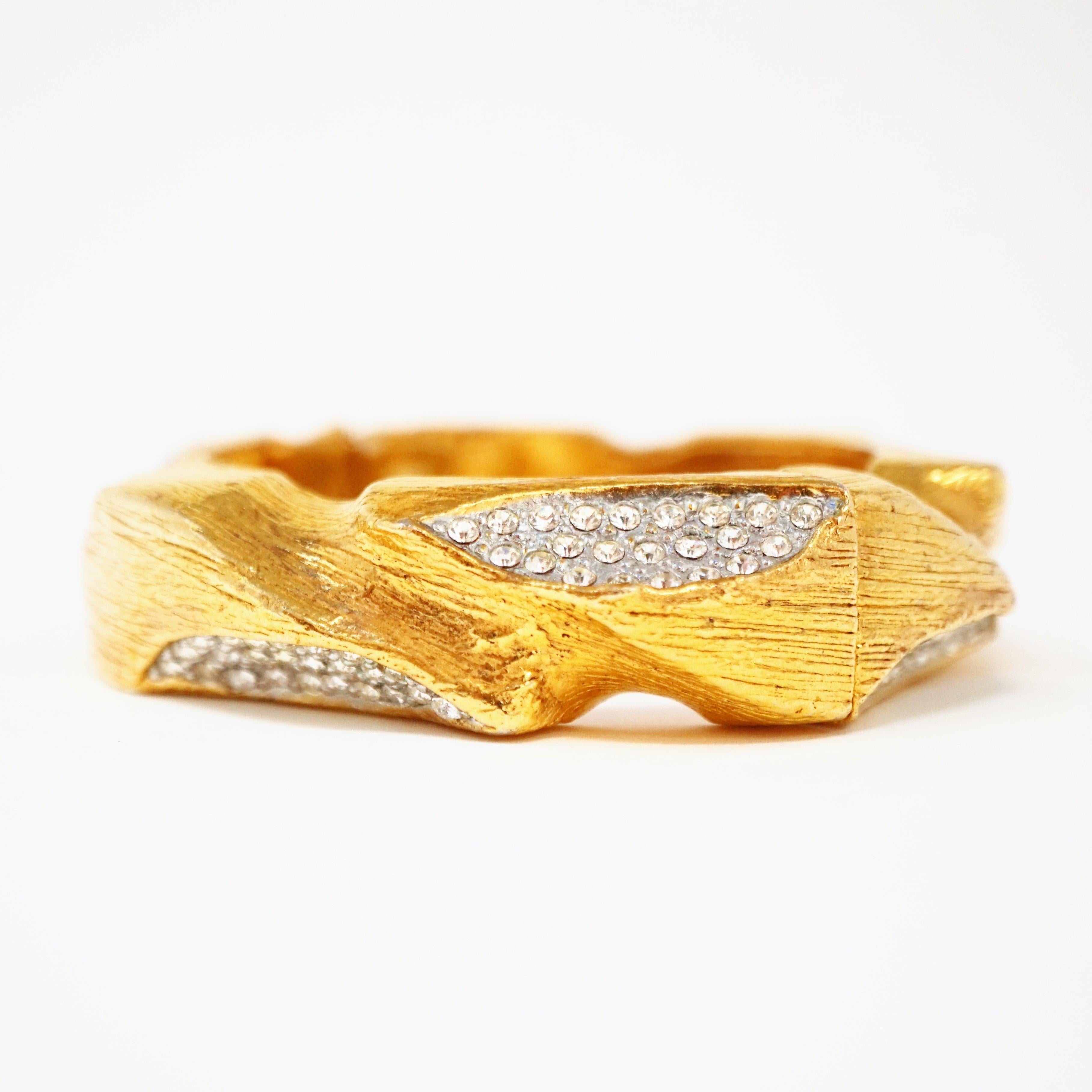 Hattie Carnegie Gilt Clamper Bangle with Rhinestone Pavé, Signed, 1960s 4