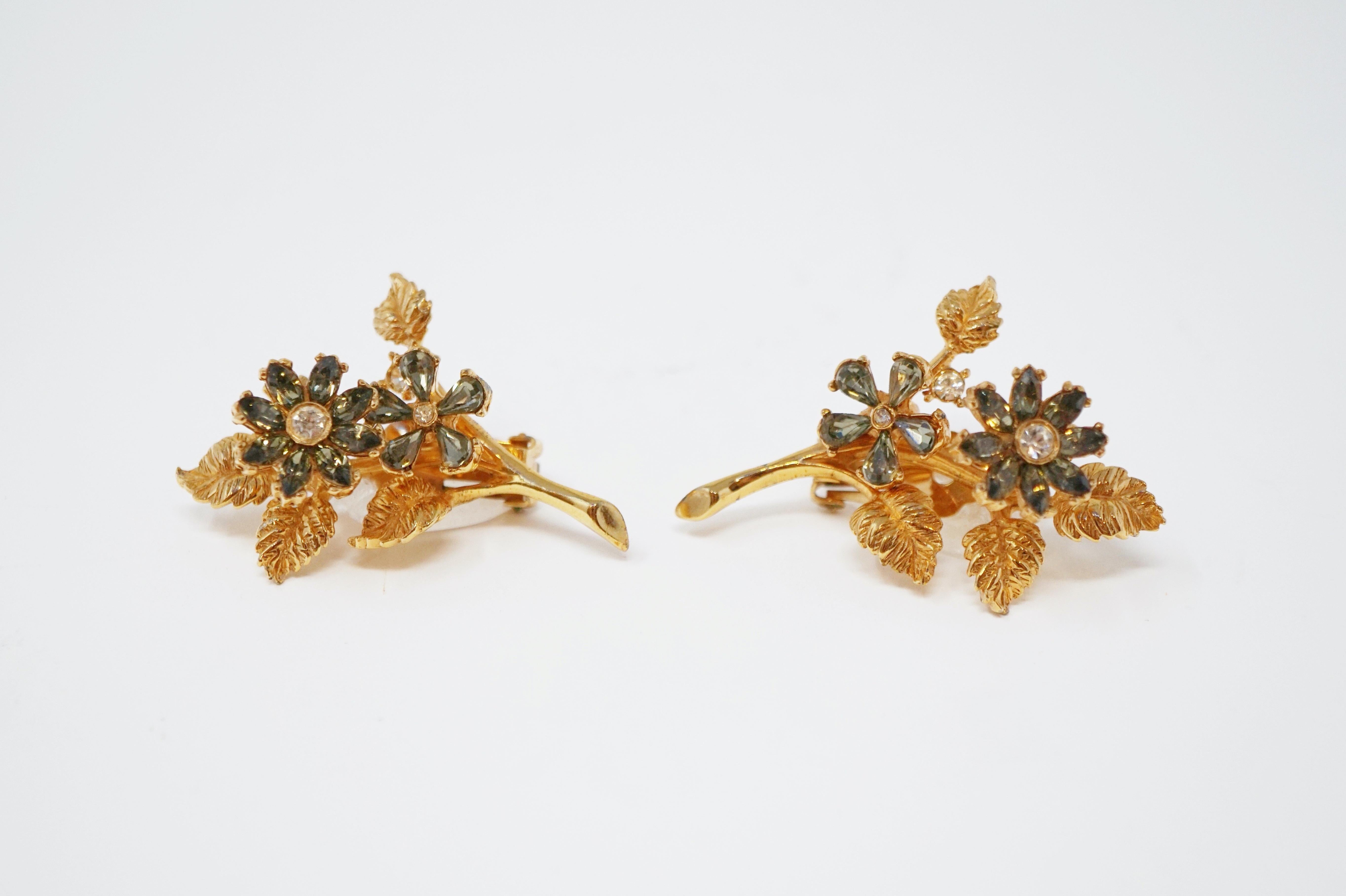 Modern Hattie Carnegie Gilt & Rhinestone Floral Trembler Earrings, Signed, circa 1940s