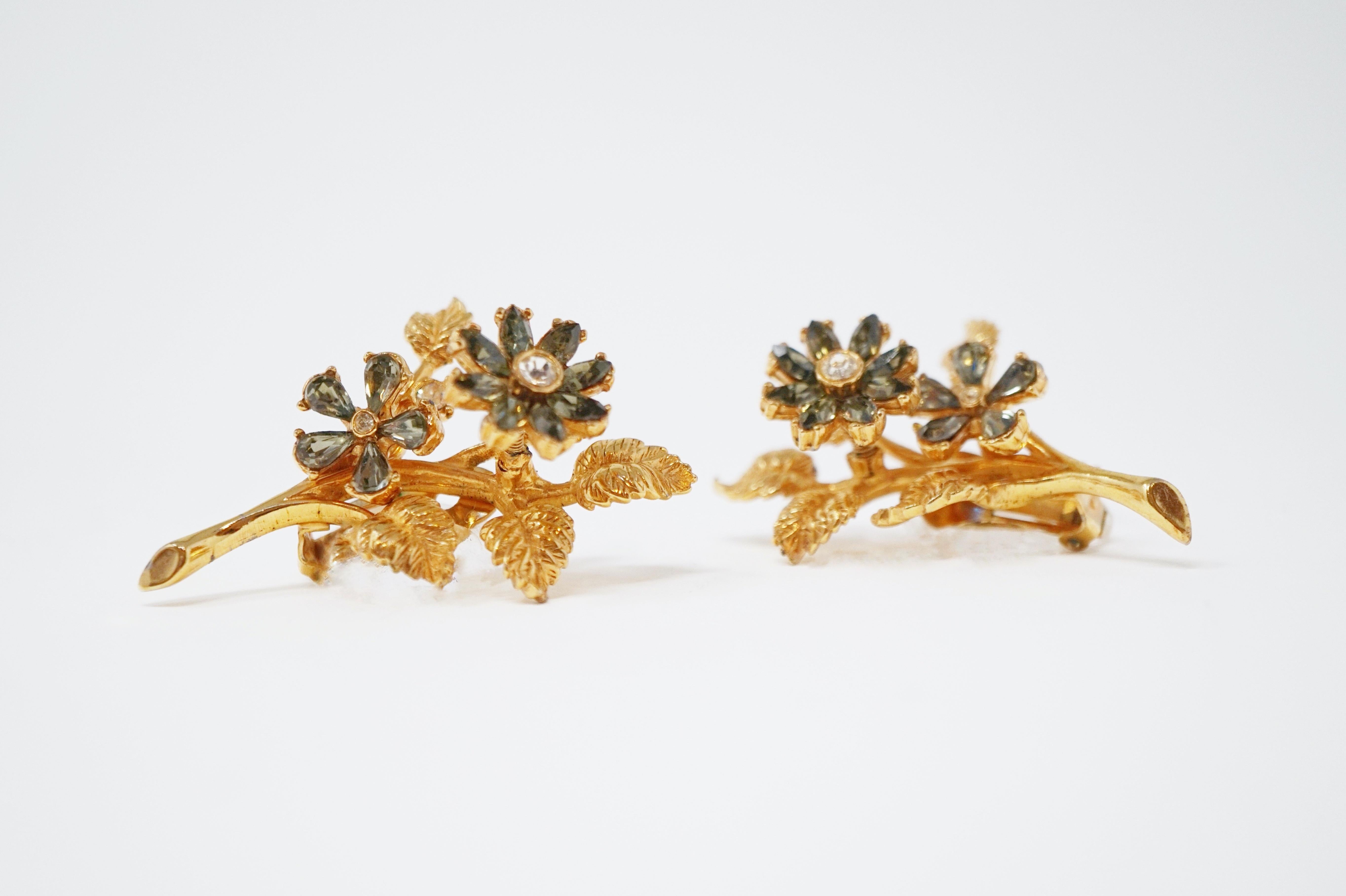 Women's Hattie Carnegie Gilt & Rhinestone Floral Trembler Earrings, Signed, circa 1940s