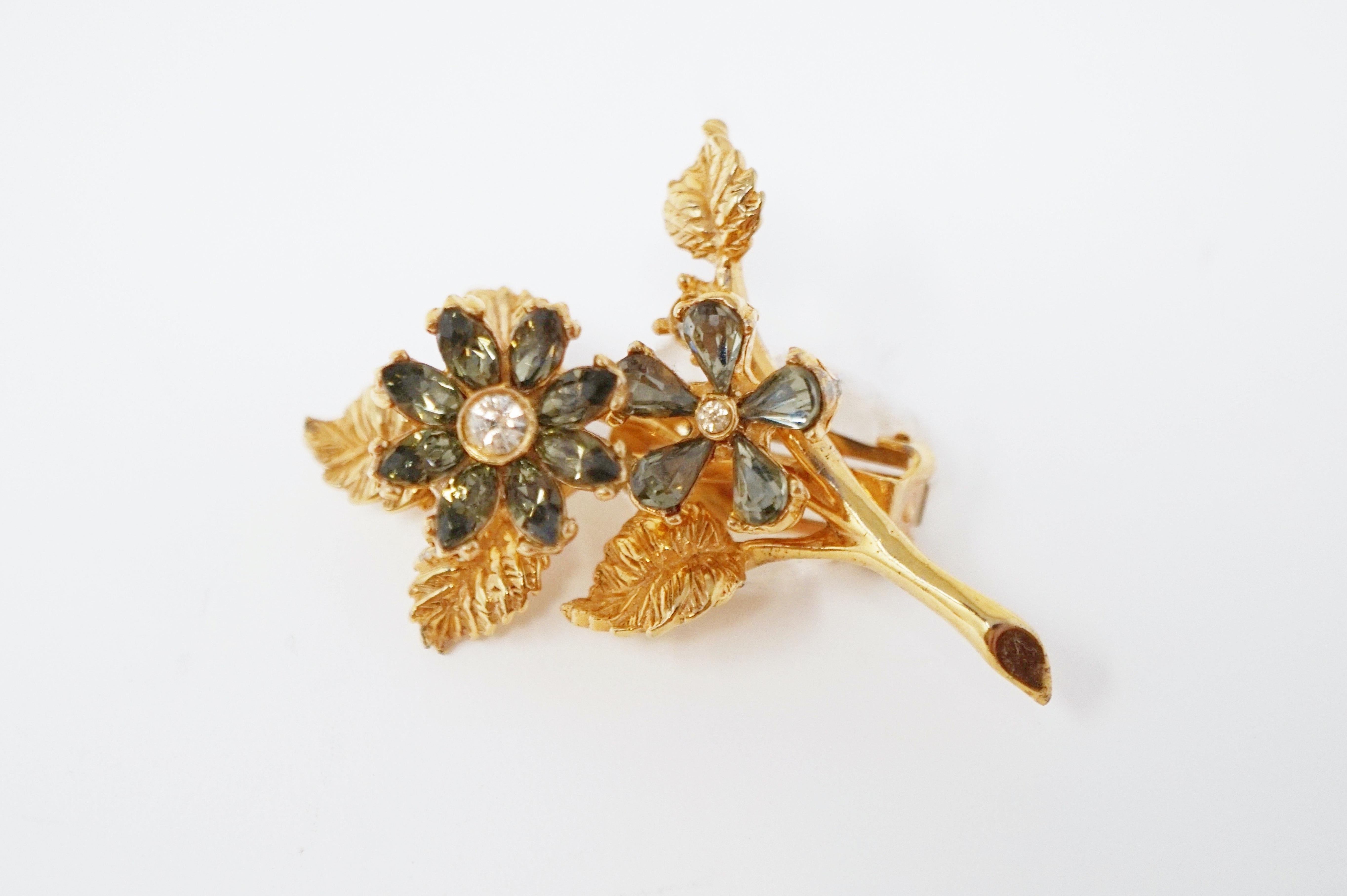 Hattie Carnegie Gilt & Rhinestone Floral Trembler Earrings, Signed, circa 1940s 1
