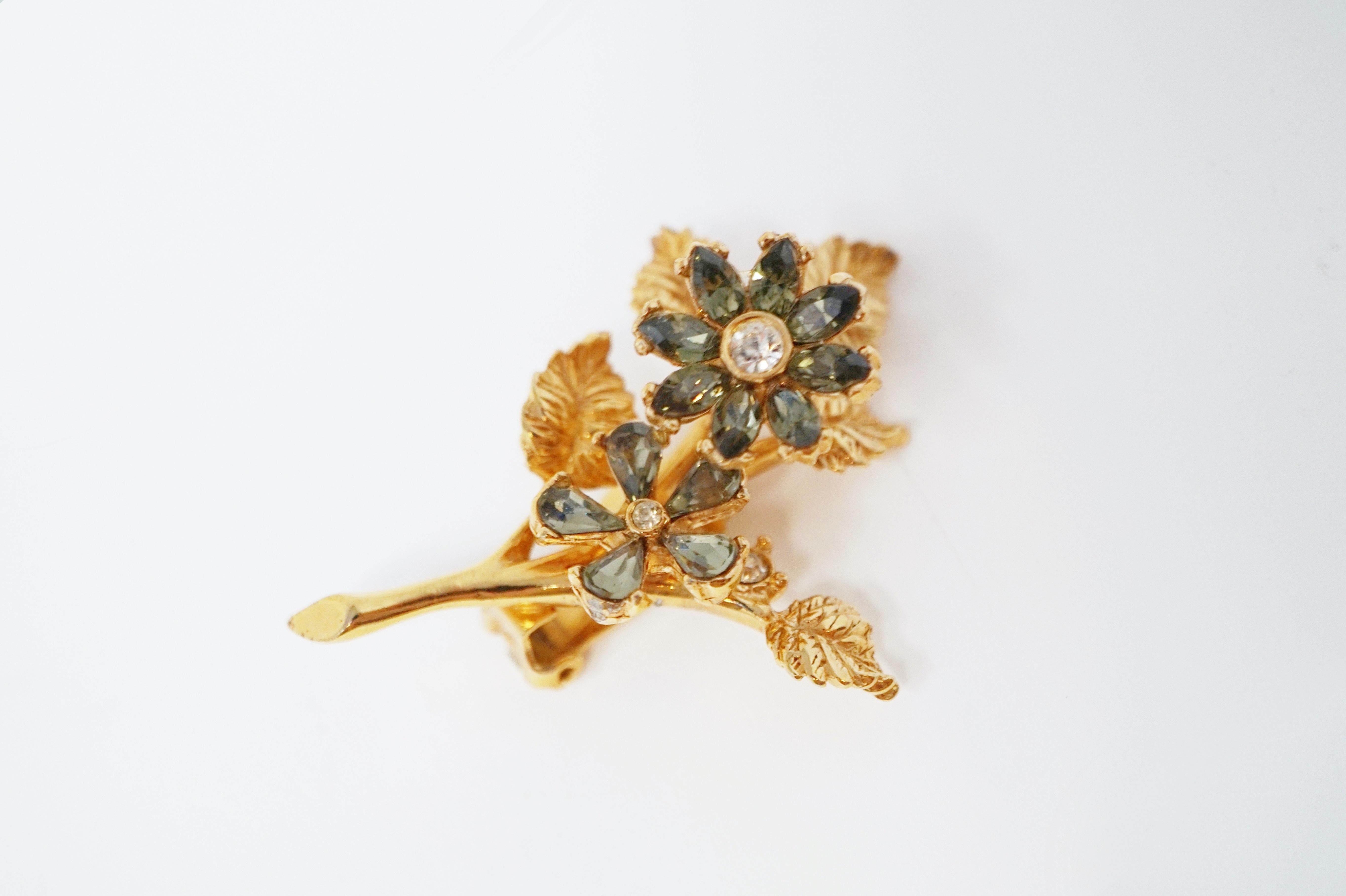 Hattie Carnegie Gilt & Rhinestone Floral Trembler Earrings, Signed, circa 1940s 2