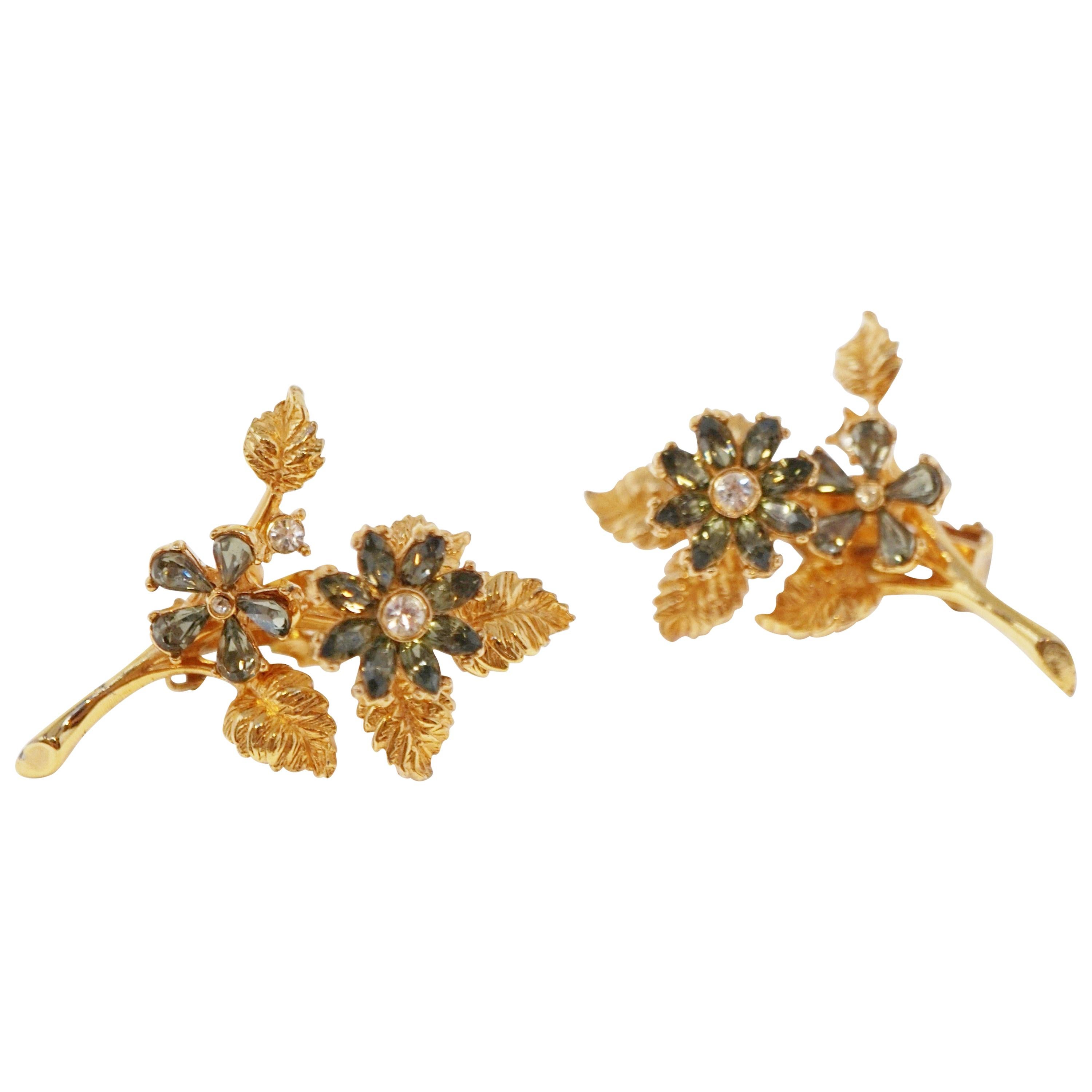 Hattie Carnegie Gilt & Rhinestone Floral Trembler Earrings, Signed, circa 1940s